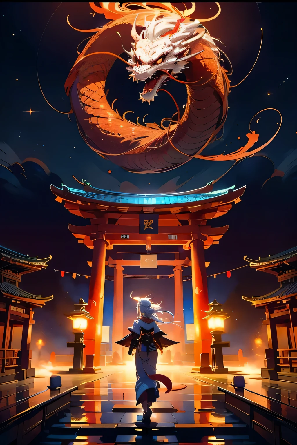 masterpiece,shrine,hope,Positive,beautiful,Large Torii Gate,,Night Sky,High resolution, High resolution, 8K, masterpiece2:1,( Shrine in Kyoto,moon)White-haired shrine maiden from behind,Snake dragon