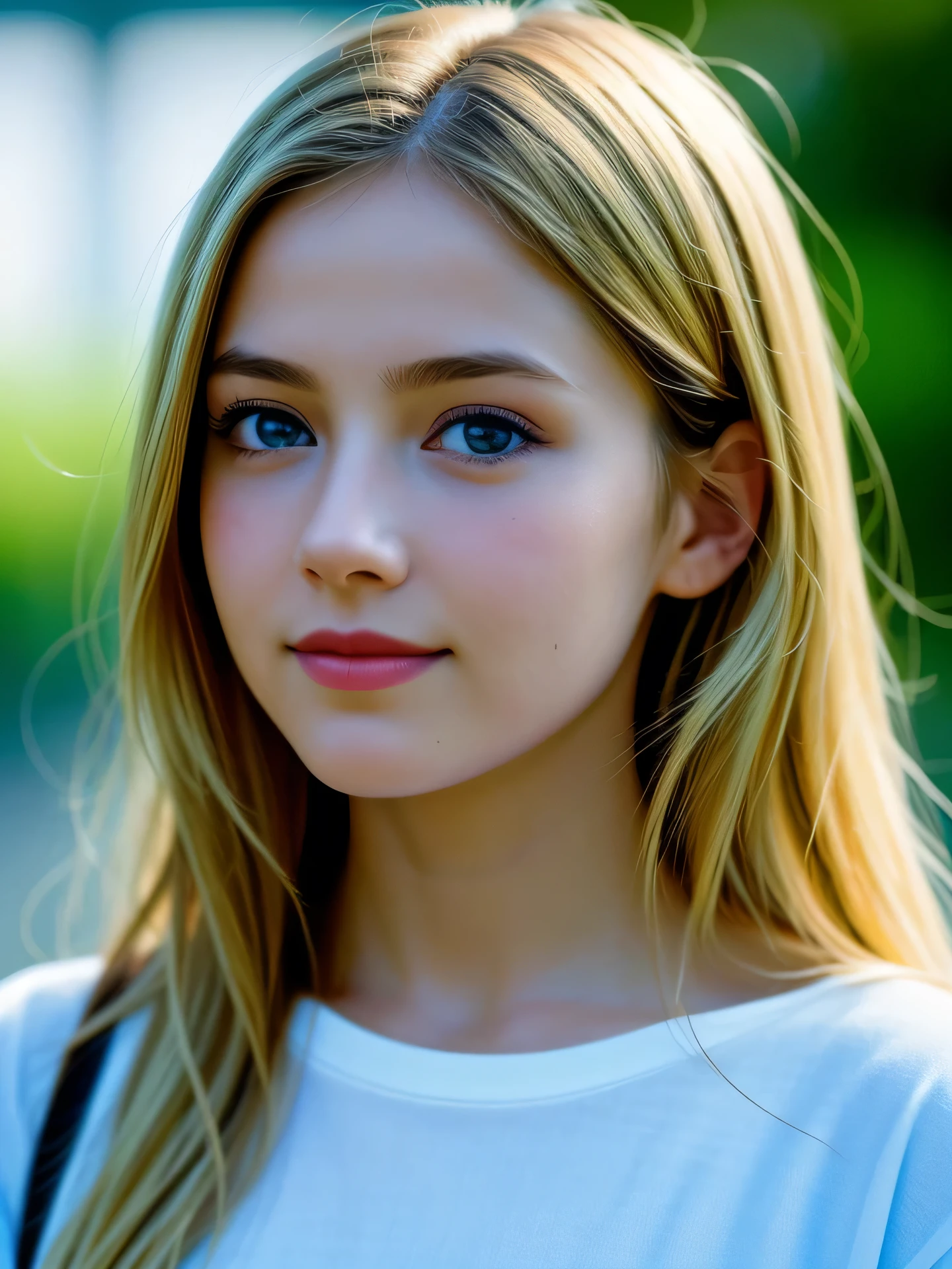 (Photo Real:1.4), (hyper realisitic:1.4), (Smooth lighting:1.05), 1 girl, teenager, blue eyes, happy, shy, smile, (looking away:1.2), Close-up of the face, Soft lighting, Back lighting, (Finest Real Textured Skins), Super fine face, glowy skin, retinas, Anatomically correct, (Blonde Wavy medium hair:1.1), Textured skin, High quality, high details, Best Quality, High resolution, Colorful T- shirts