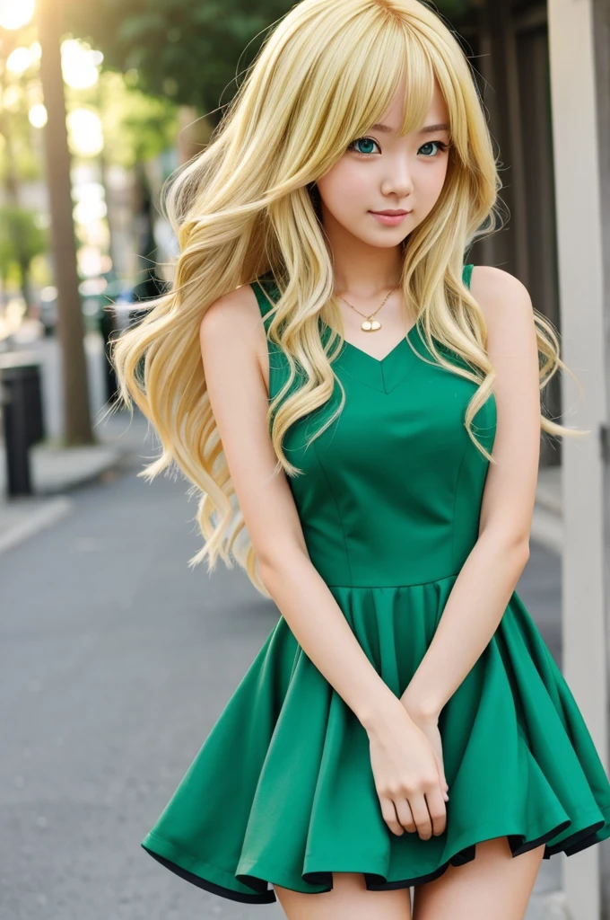 an anime style girl, blonde and green dress