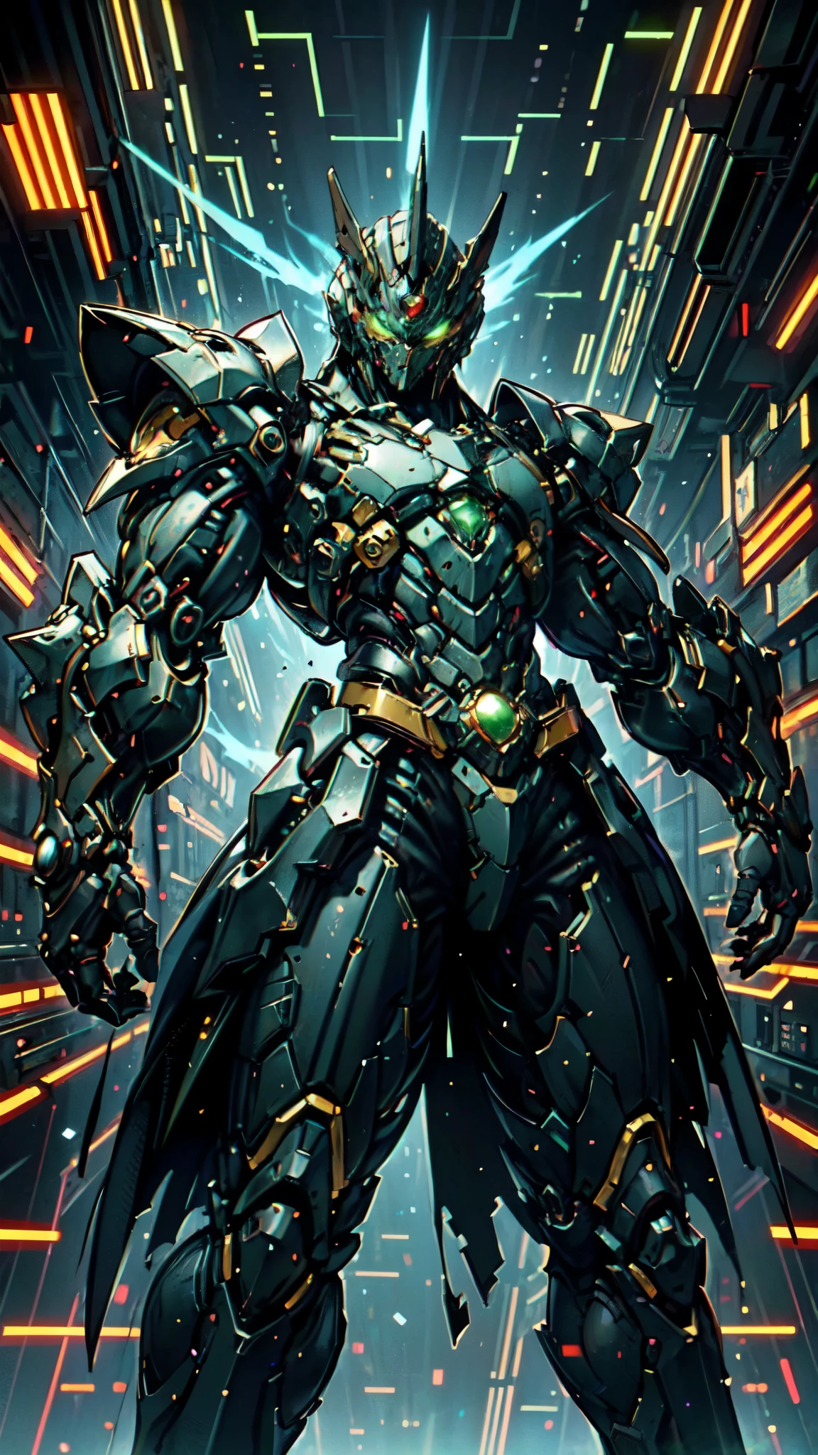 (masterpiece:1.5, best quality:1.5, extremely delicate:1.5, perspective:1.5, foreshortening:1.5, dynamic angle:1.5), a man wearing a full-face helmet, a fantasy-style biotech armored combat suit, green eyes, (a composite layered chest armor), fully enclosed shoulder guards, matching arm and leg guards, the belt is adorned with neon circuitry, (the color scheme is primarily black glow with green and red accents), the design balances heavy with agility, a high-tech bio-mecha armor, (Armor Concept Inspired by neon Cyberpunk, stand on the top of a skyscraper in a futuristic sci-fi city), this character embodies a finely crafted fantasy-surreal style armored hero in anime style, exquisite and mature manga art style, (battle damage, element, plasma, energy, the armor glows), ((male:1.5)), metallic, high definition, highres, ultra-detailed, ultra-fine painting, professional, perfect body proportions, golden ratio, anatomically correct, symmetrical face, extremely detailed eyes and face, high quality eyes, creativity, RAW photo, UHD, 32k, Natural light, cinematic lighting, masterpiece-anatomy-perfect