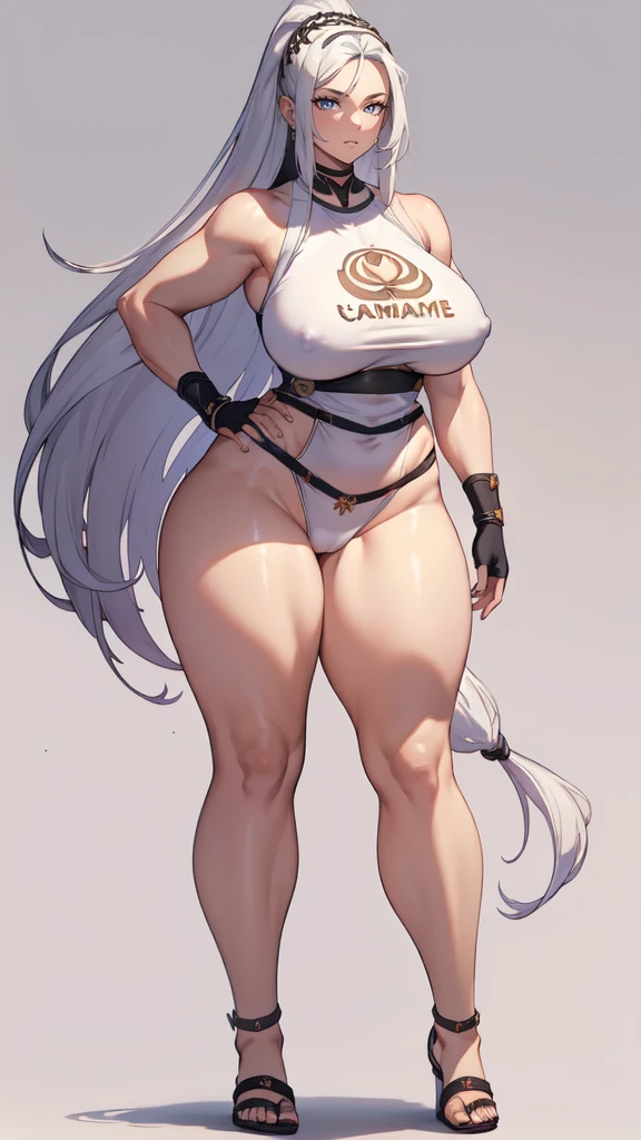 (masterpiece), best quality, female warrior, huge girl, female muscular:1.2, ((long hair:1.6)), (silver hair), big breast, (curvy:1.7), (((blank background))), ((full body)), fingerless gloves, sandals, sleeveless, covered nipples, tshirt top, ((straight hair:1.5)), (thin hairstyle:1.5), ((camel toe))