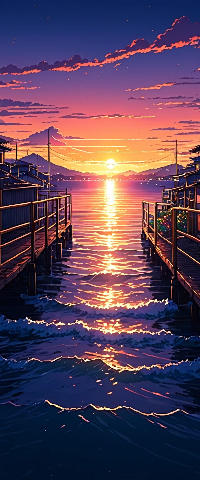 un puerto de pueblo al atardecer con un fondo de cielo, best seaart.ai work, anime nature wallpapers, beautiful anime scene, beautiful anime peace scene, makoto shinkai cyril rolando, beautiful anime scene, amazing wallpaper, 8k anime art wallpaper, anime background, 4k art anime wallpaper, 4k anime wallpaper, 4k anime art wallpaper,