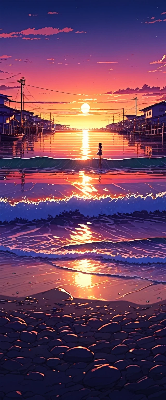 un puerto de pueblo al atardecer con un fondo de cielo, best seaart.ai work, anime nature wallpapers, beautiful anime scene, beautiful anime peace scene, makoto shinkai cyril rolando, beautiful anime scene, amazing wallpaper, 8k anime art wallpaper, anime background, 4k art anime wallpaper, 4k anime wallpaper, 4k anime art wallpaper,