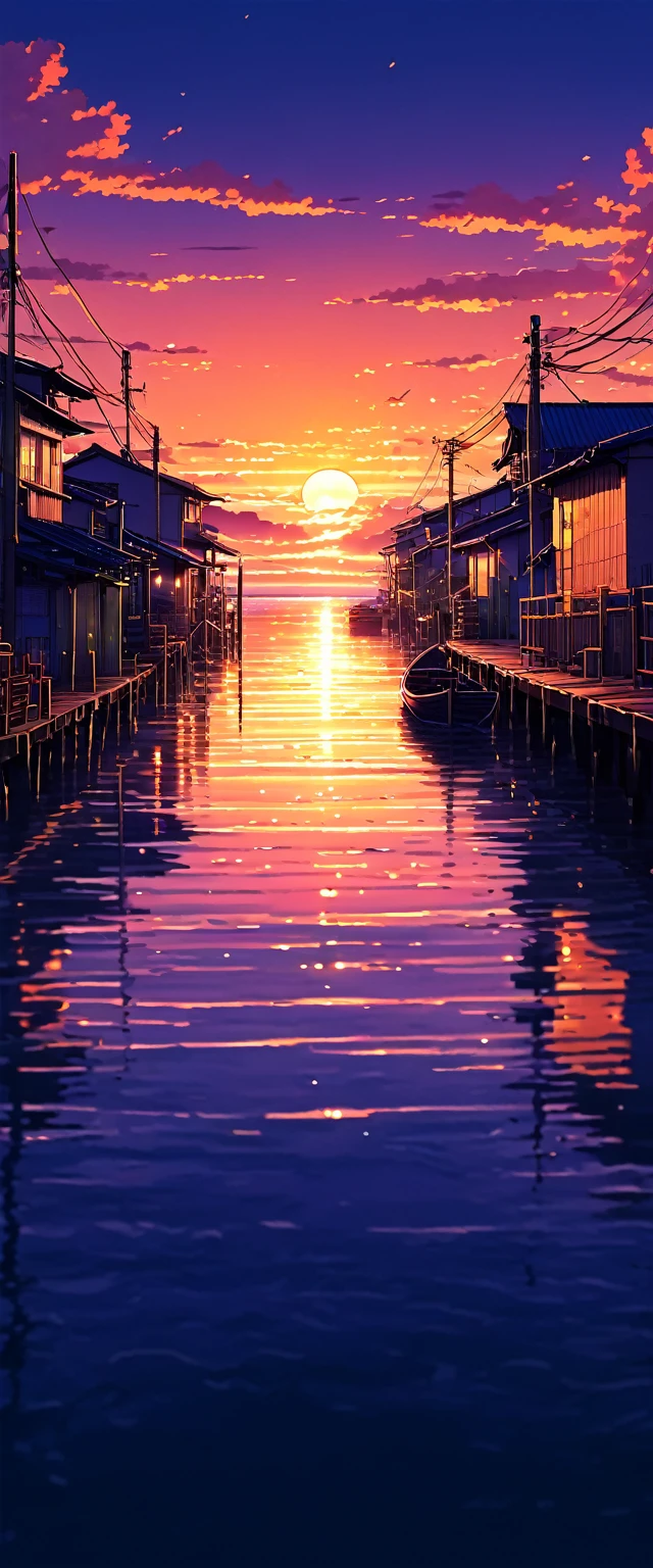 un puerto de pueblo al atardecer con un fondo de cielo, best seaart.ai work, anime nature wallpapers, beautiful anime scene, beautiful anime peace scene, makoto shinkai cyril rolando, beautiful anime scene, amazing wallpaper, 8k anime art wallpaper, anime background, 4k art anime wallpaper, 4k anime wallpaper, 4k anime art wallpaper,