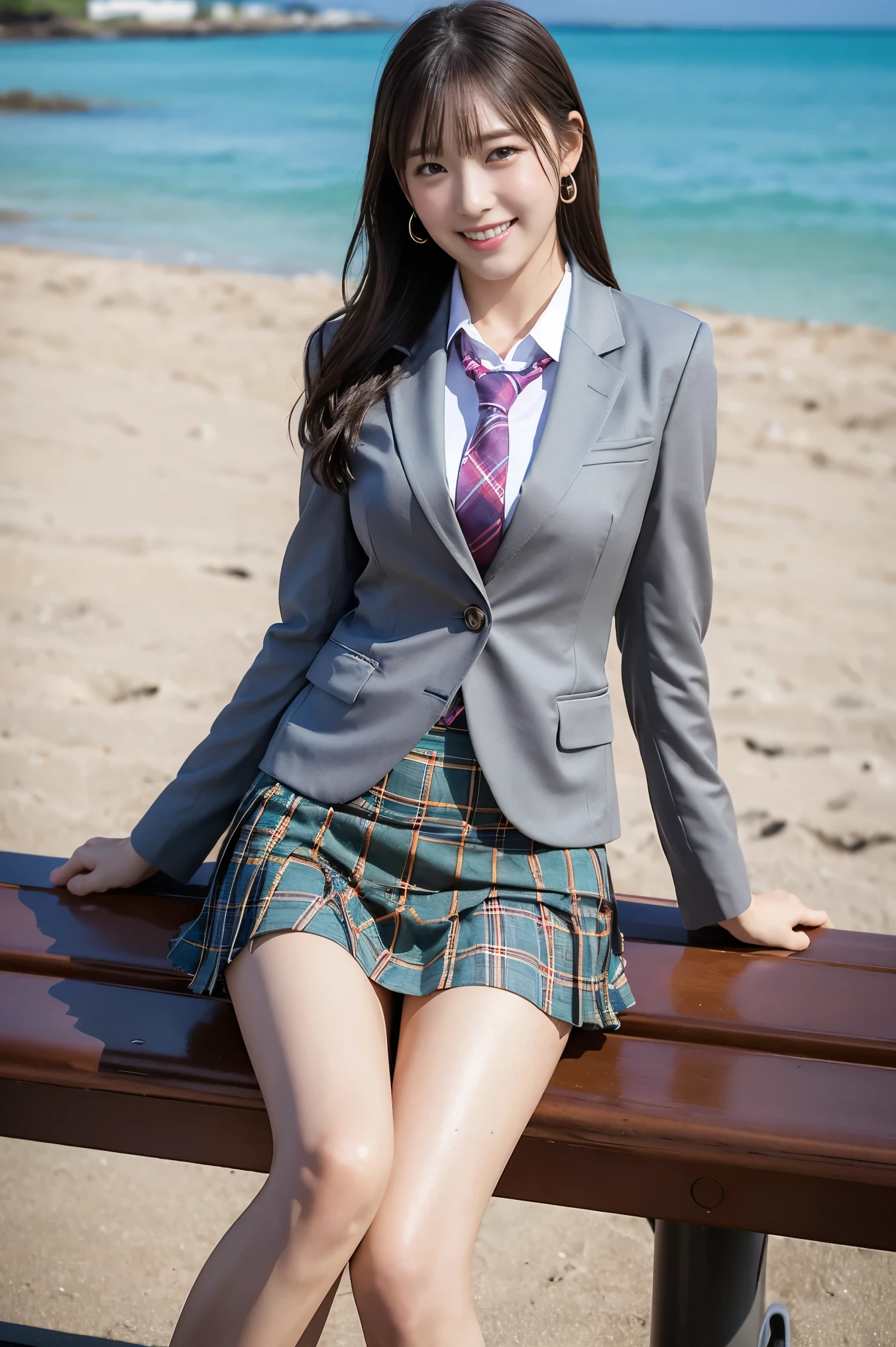 (8K), (highest quality: 1.2), (Realistic), (Realistic: 1.37), Ultra-high resolution, 1 girl, cute, (Embarrassed smile:1.2), (Blushing:1.4),Mouth closed, Beautiful details, Beautiful Nose, Wet Hair,bangs, giant dulcefo, pork, Thighs,Navel exposed,University Student Uniform,A simple blazer,Pleated skirt,(The skirt and tie are tartan check pattern.:1.3),Platform boots, (sitting on a beach side park bench:1.2),(Shiny Thighs:1.2), medium shot,Very thin panty hose, crossing the legs 