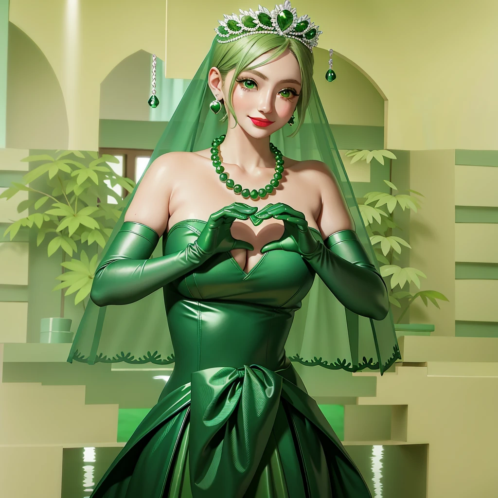 Emerald tiara, Green Pearl Necklace, ボーイッシュな非常に短いGreen Hair, Green Lips, Smiling Japanese woman, Very short hair, Busty beautiful lady, Green Eyes, Green satin long gloves, Green Eyes, Emerald Earrings, Green veil, Heart with both hands, Green Hair, Beautiful Japanese Woman, Heart shaped hands:1.3, green lip gloss