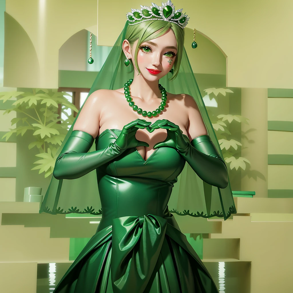 Emerald tiara, Green Pearl Necklace, ボーイッシュな非常に短いGreen Hair, Green Lips, Smiling Japanese woman, Very short hair, Busty beautiful lady, Green Eyes, Green satin long gloves, Green Eyes, Emerald Earrings, Green veil, Heart with both hands, Green Hair, Beautiful Japanese Woman, Heart shaped hands:1.3, green lip gloss