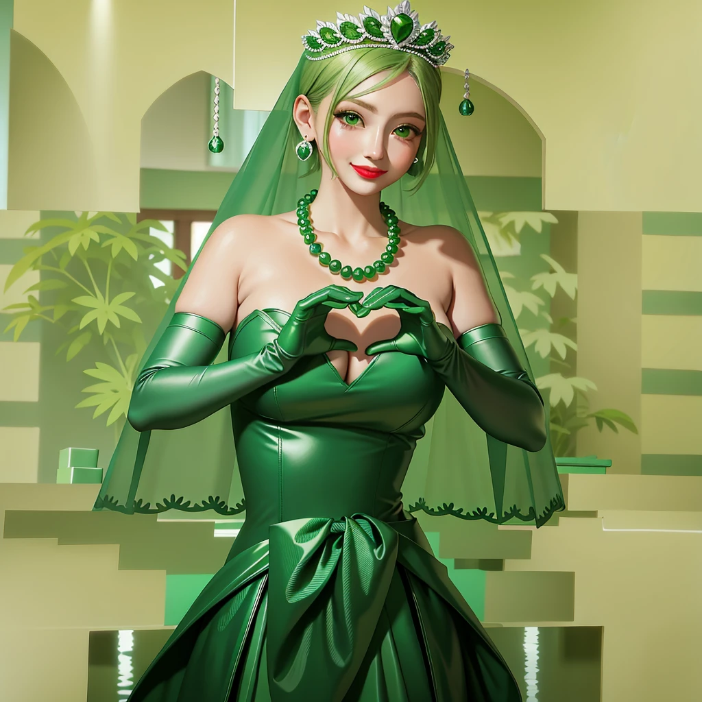 Emerald tiara, Green Pearl Necklace, ボーイッシュな非常に短いGreen Hair, Green Lips, Smiling Japanese woman, Very short hair, Busty beautiful lady, Green Eyes, Green satin long gloves, Green Eyes, Emerald Earrings, Green veil, Heart with both hands, Green Hair, Beautiful Japanese Woman, Heart shaped hands:1.3, green lip gloss