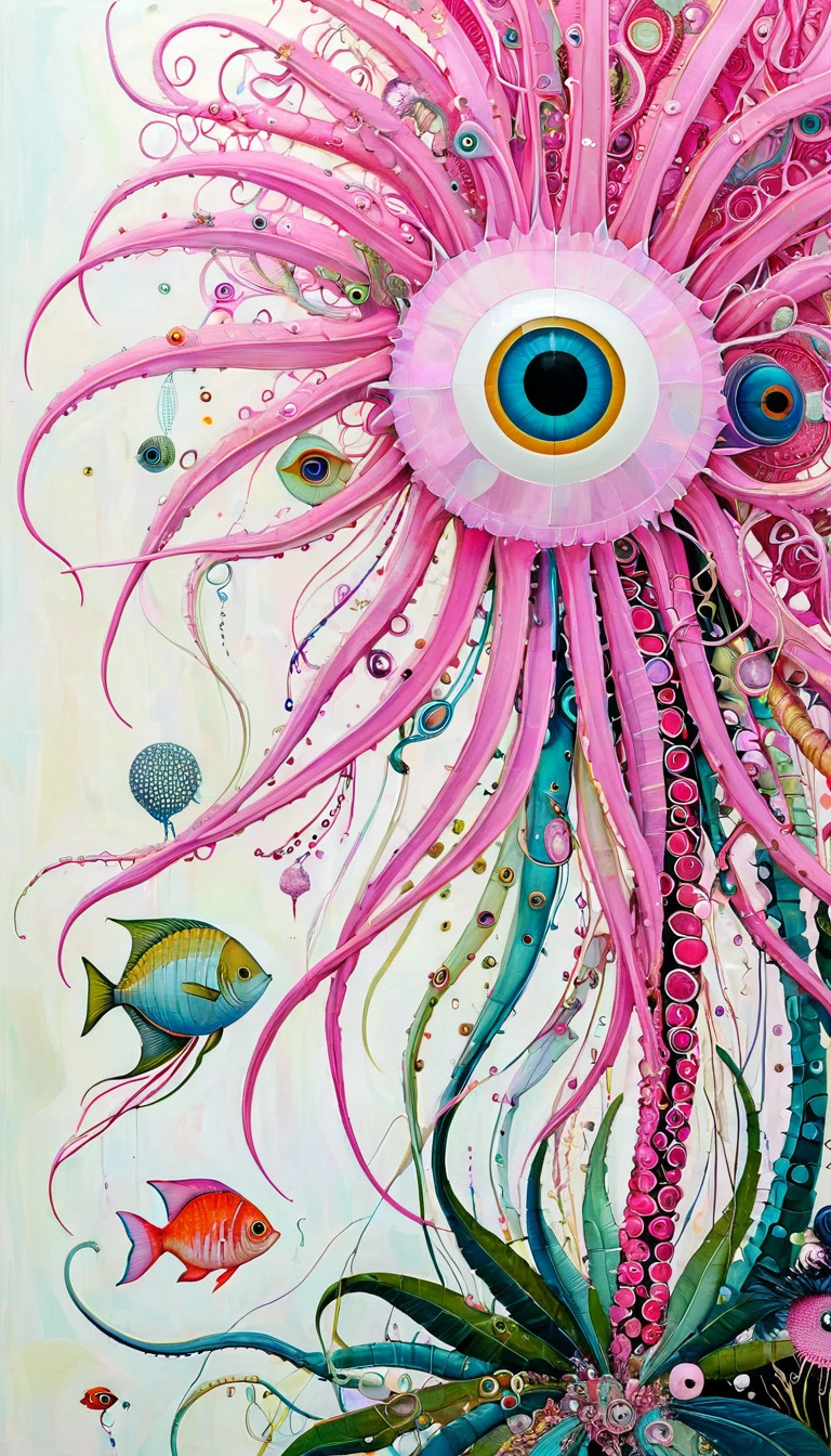Tony Sandoval (Tony Sandoval) :palm,fish,Tentacles,bird、Eye、diatom,Stitching together an abstract painting,Describing the inner world of autistic people,Sense of space,White Space,interesting,Innocence,Psychedelic Art,Pink theme
