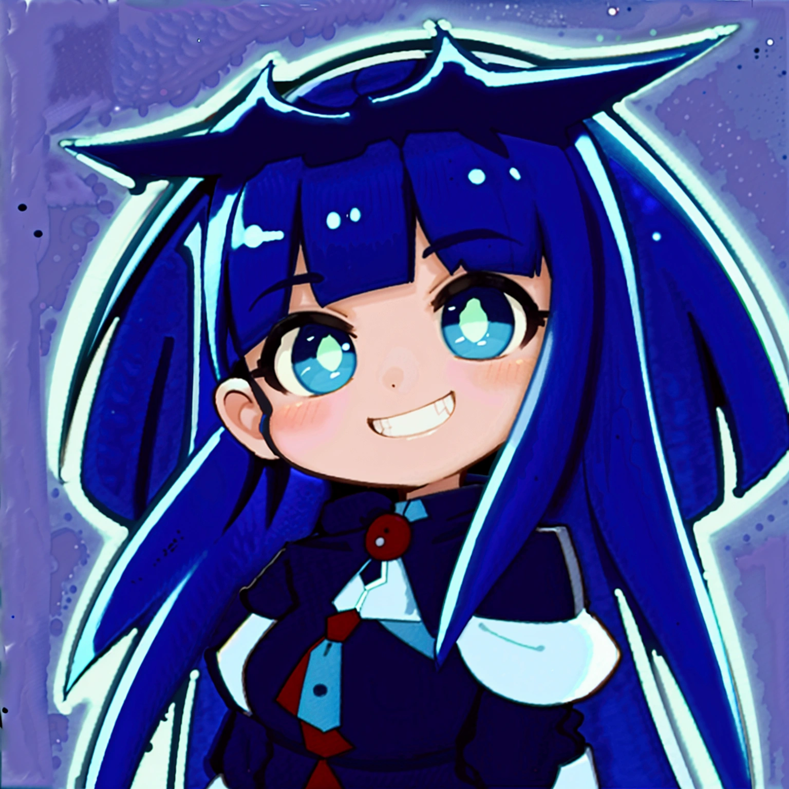 Close-up of a cartoon character with blue hair and blue outfit, anime moe artstyle, 2D anime style, [[[[grinning evilly]]]], , cel - shaded art style, I&#39;ll do fanart too, nasty grin, hero 2d fanart art, chibi, vampire