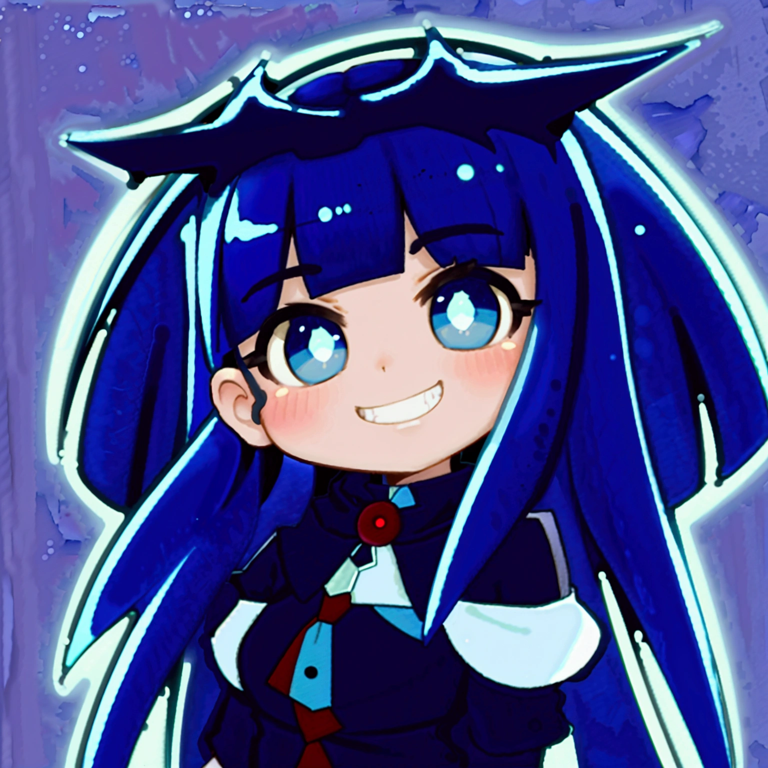 Close-up of a cartoon character with blue hair and blue outfit, anime moe artstyle, 2D anime style, [[[[grinning evilly]]]], , cel - shaded art style, I&#39;ll do fanart too, nasty grin, hero 2d fanart art, chibi, vampire
