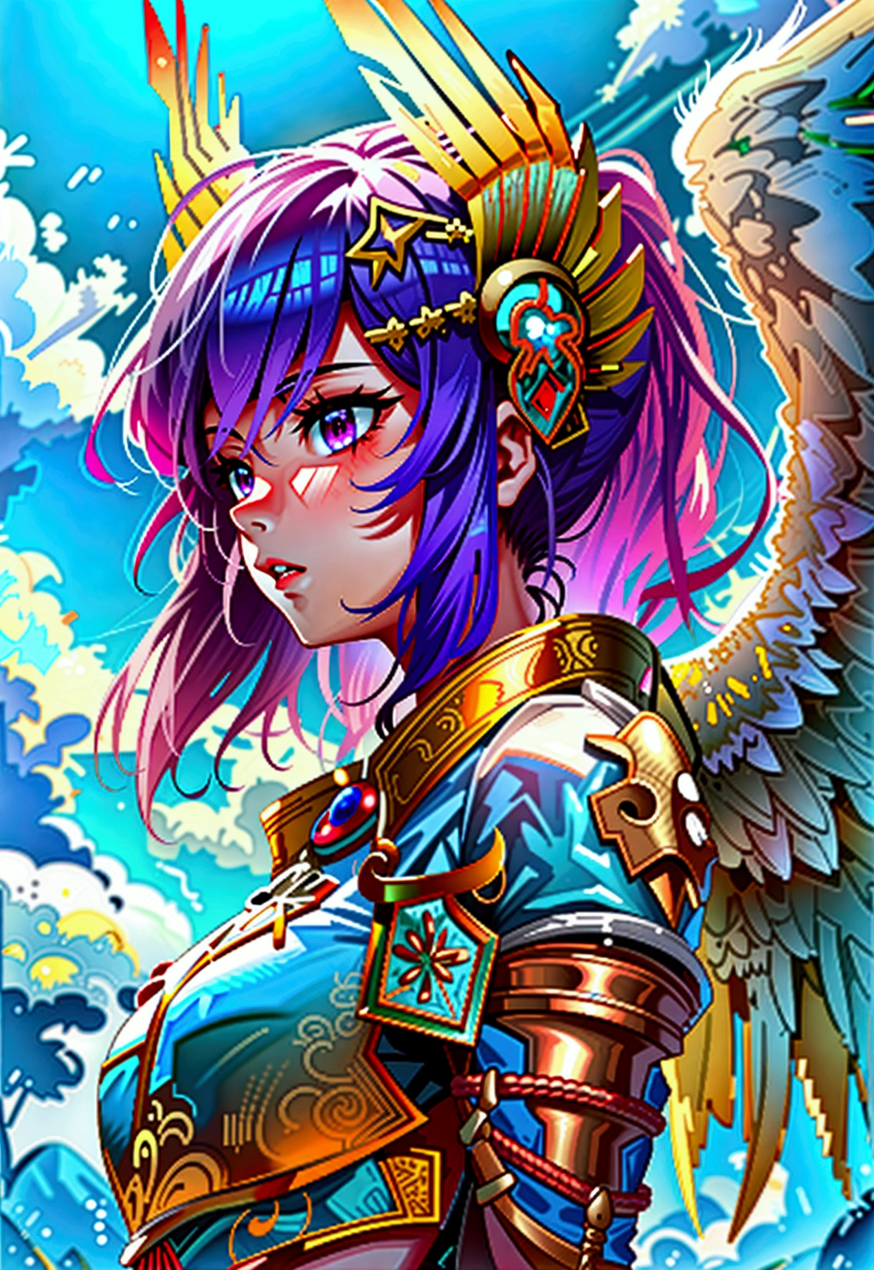 anime girl with purple hair with rosé braid and beauty mark under her left eye and angel wings in a blue sky, anime stylized, as a mystical valkyrie, background is heavenly, epic anime style, anime character, angel knight girl, , in anime style, in an anime style, stylized anime, style of magical girl