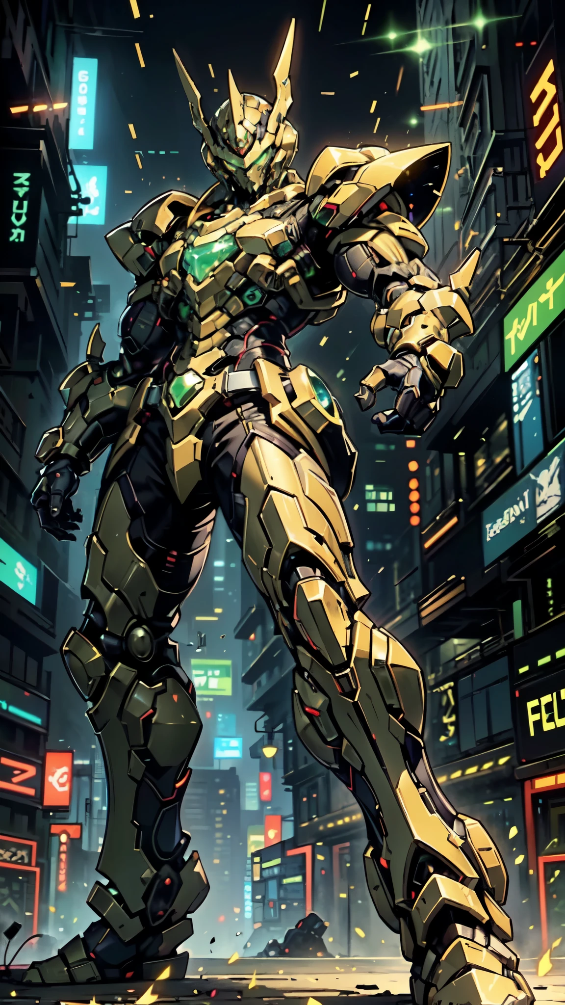 (masterpiece:1.5, best quality:1.5, extremely delicate:1.5, perspective:1.5, foreshortening:1.5, dynamic angle:1.5), a man wearing a full-face helmet, a fantasy-style biotech armored combat suit, green eyes, (a composite layered chest armor), fully enclosed shoulder guards, matching arm and leg guards, the belt is adorned with neon circuitry, (the color scheme is primarily black glow with green and red accents), the design balances heavy with agility, a high-tech bio-mecha armor, (Armor Concept Inspired by neon Cyberpunk, stand on the top of a skyscraper in a futuristic sci-fi city), this character embodies a finely crafted fantasy-surreal style armored hero in anime style, exquisite and mature manga art style, (battle damage, element, plasma, energy, the armor glows), ((male:1.5)), metallic, high definition, highres, ultra-detailed, ultra-fine painting, professional, perfect body proportions, golden ratio, anatomically correct, symmetrical face, extremely detailed eyes and face, high quality eyes, creativity, RAW photo, UHD, 32k, Natural light, cinematic lighting, masterpiece-anatomy-perfect