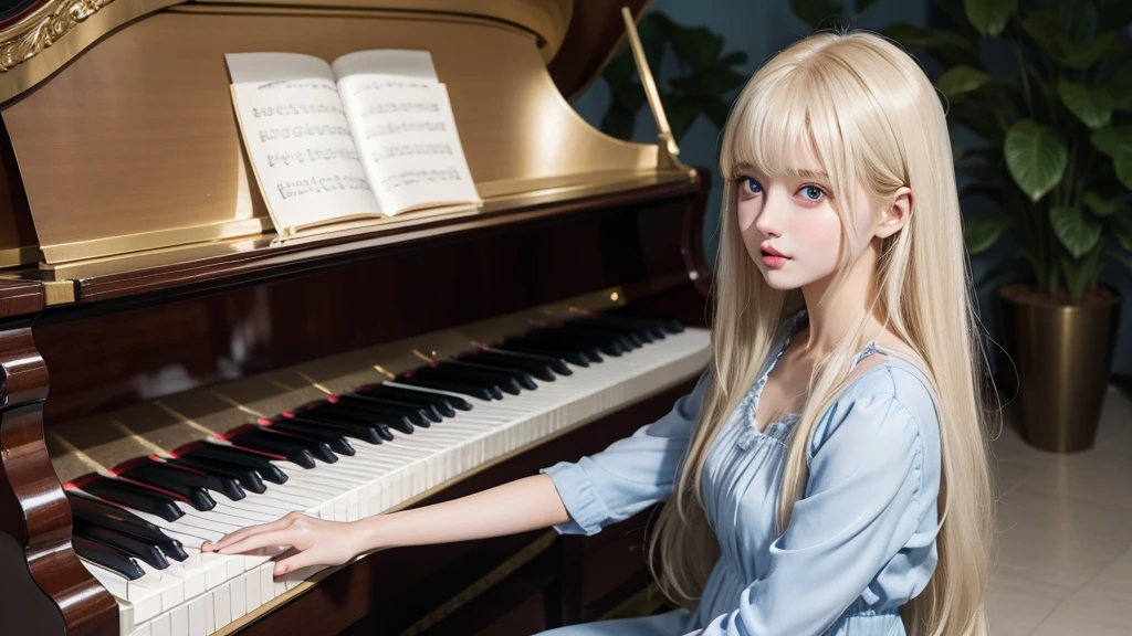 playing piano.silky shiny skin、22 year old cute sexy little beautiful face、Hair glows in front of a cute face、long silky bangs covering the eyes、pale light blue eyes、Young woman super long blonde shiny golden bright straight hair、with round face、Small face beauty、big eye、bright expression、The dress、Even big in clothes