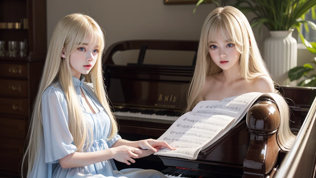 playing piano.silky shiny skin、22 year old cute sexy little beautiful face、Hair glows in front of a cute face、long silky bangs covering the eyes、pale light blue eyes、Young woman super long blonde shiny golden bright straight hair、with round face、Small face beauty、big eye、bright expression、The dress、Even big in clothes