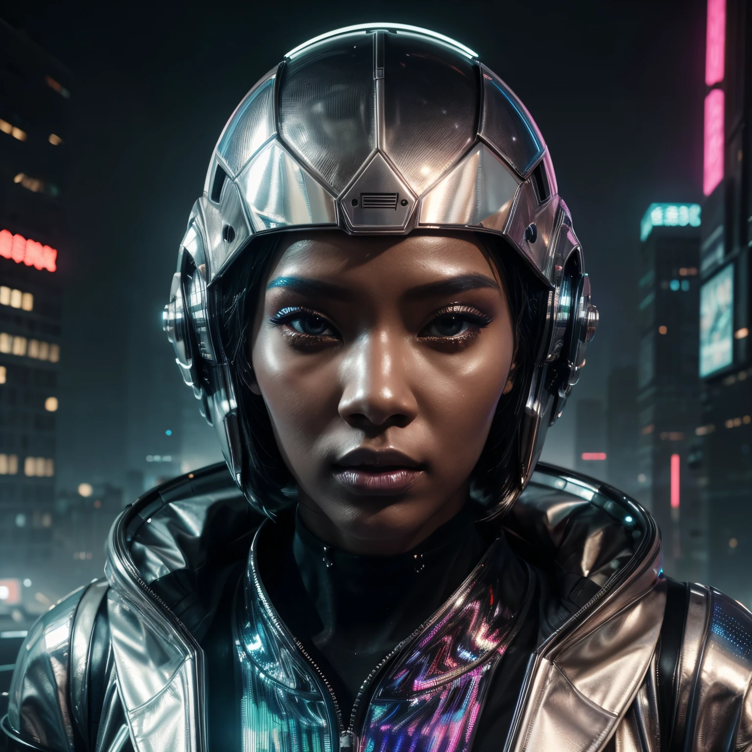 a close up of a woman wearing a shiny silver helmet and a shiny jacket, cyberpunk art inspired by Yanjun Cheng, trending on cgsociety, afrofuturism, cyber aesthetic, cyberpunk vibes, futuristic style, futuristic aesthetic, holographic design, futuristic look, futuristic art style, wearing futuristic, cyber style, futuristic fashion, holographic, muted cyberpunk style, fashionable futuristic woman