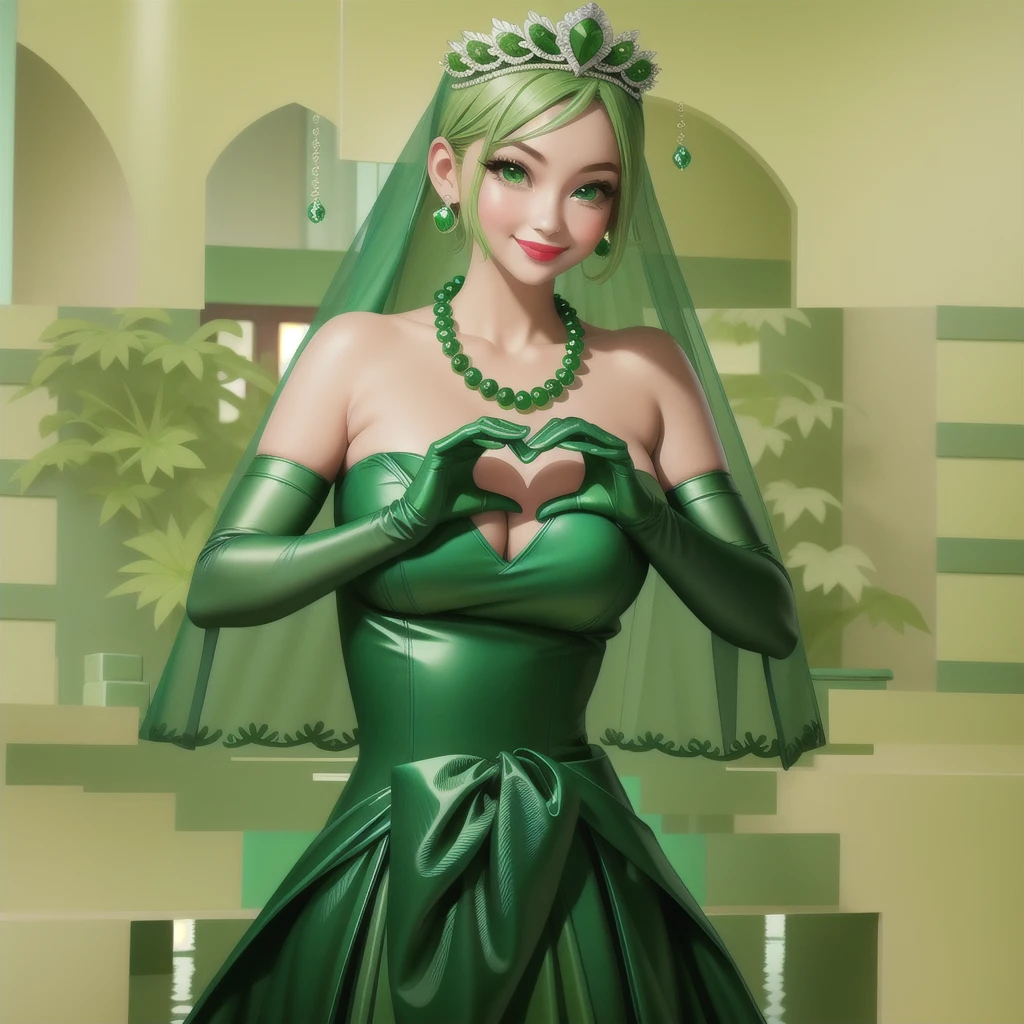 Emerald tiara, Green Pearl Necklace, ボーイッシュな非常に短いGreen Hair, Green Lips, Smiling Japanese woman, Very short hair, Busty beautiful lady, Green Eyes, Green satin long gloves, Green Eyes, Emerald Earrings, Green veil, Heart with both hands, Green Hair, Beautiful Japanese Woman, Heart shaped hands:1.3, green lip gloss