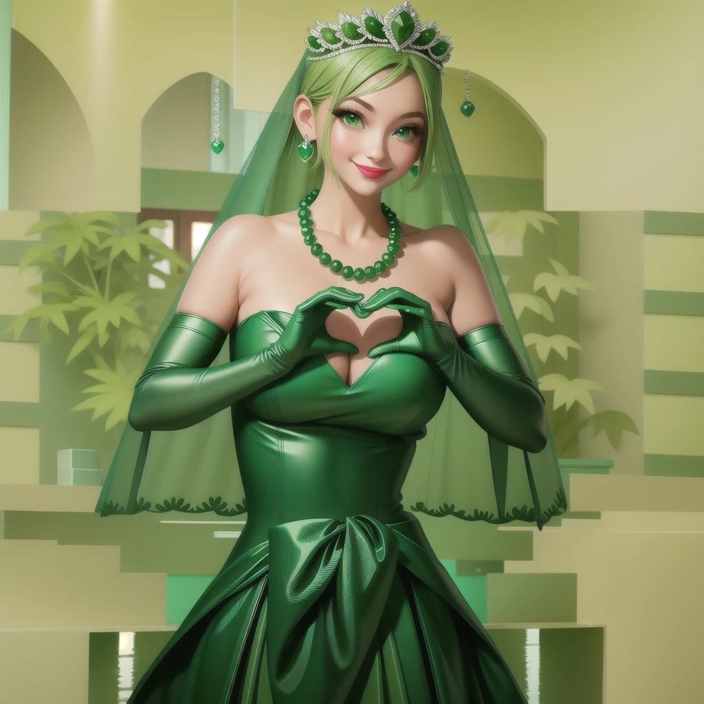 Emerald tiara, Green Pearl Necklace, ボーイッシュな非常に短いGreen Hair, Green Lips, Smiling Japanese woman, Very short hair, Busty beautiful lady, Green Eyes, Green satin long gloves, Green Eyes, Emerald Earrings, Green veil, Heart with both hands, Green Hair, Beautiful Japanese Woman, Heart shaped hands:1.3, green lip gloss