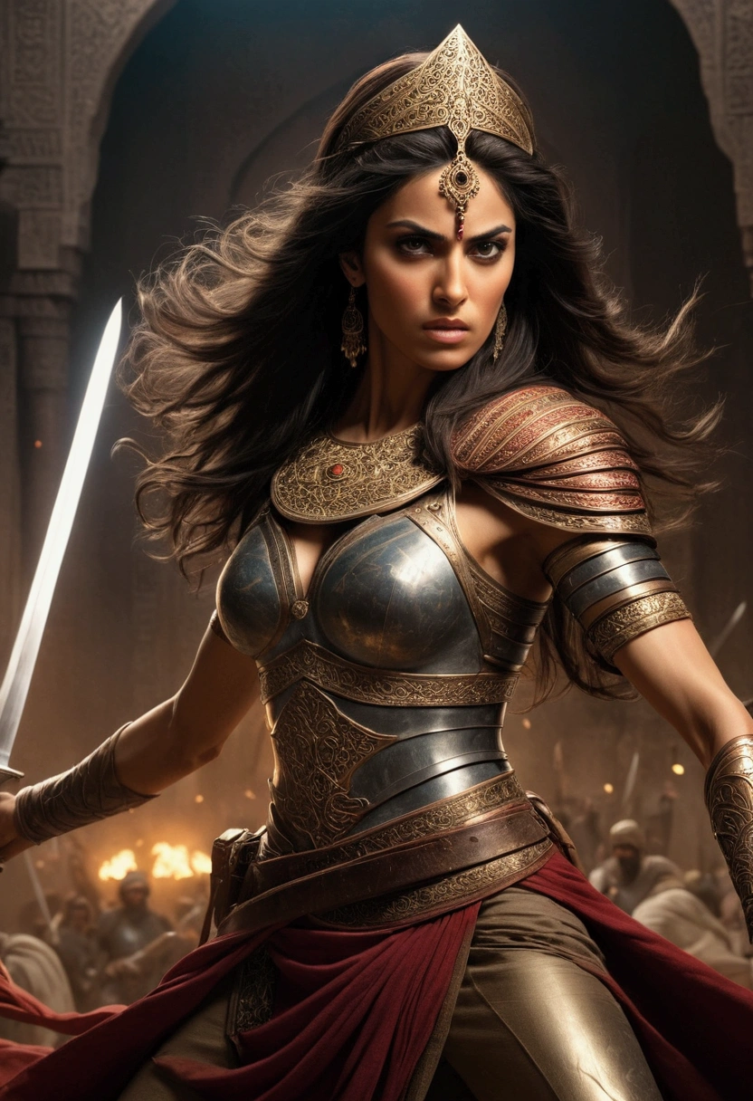 Princess of Persia, tall and perfect posture (perfect anatomy 1.8) as warrior princes in the middle of war, iconic battle stance with a dagger in hand, stabbing to viewer, cinematic motion, dramatic motion, blurry light trails behind her, extremely detailed, super quality, 16 k, hyperspeed motion.