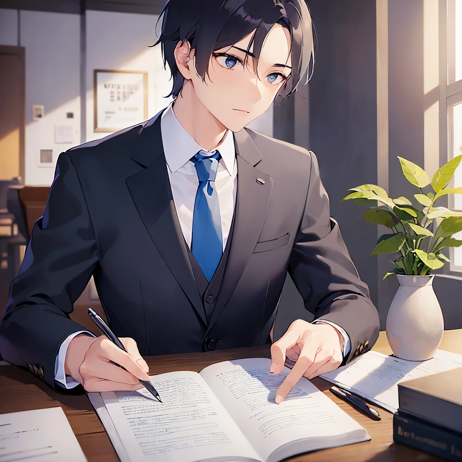 (looking away:1.5),upper body、
shiny skin, masterpiece、Highest quality、(25-year-old male:1.5) and (Black short hair) and (blue eyes)
(Wearing a suit:1.5) and (Blue tie)、
, Sitting、serious、The background is an office interior at night、Organizing papers、(Alone:1.5)