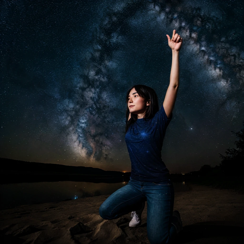 1 person kneeling with arms raised with a starry sky