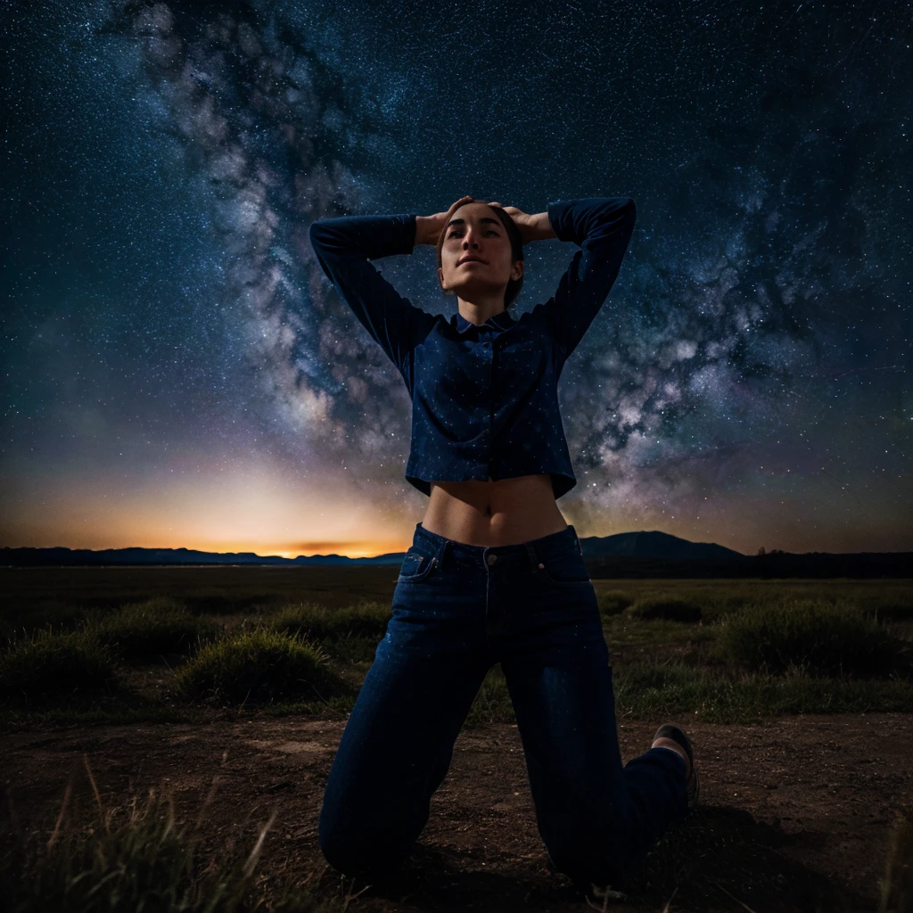 1 person kneeling with arms raised with a starry sky 