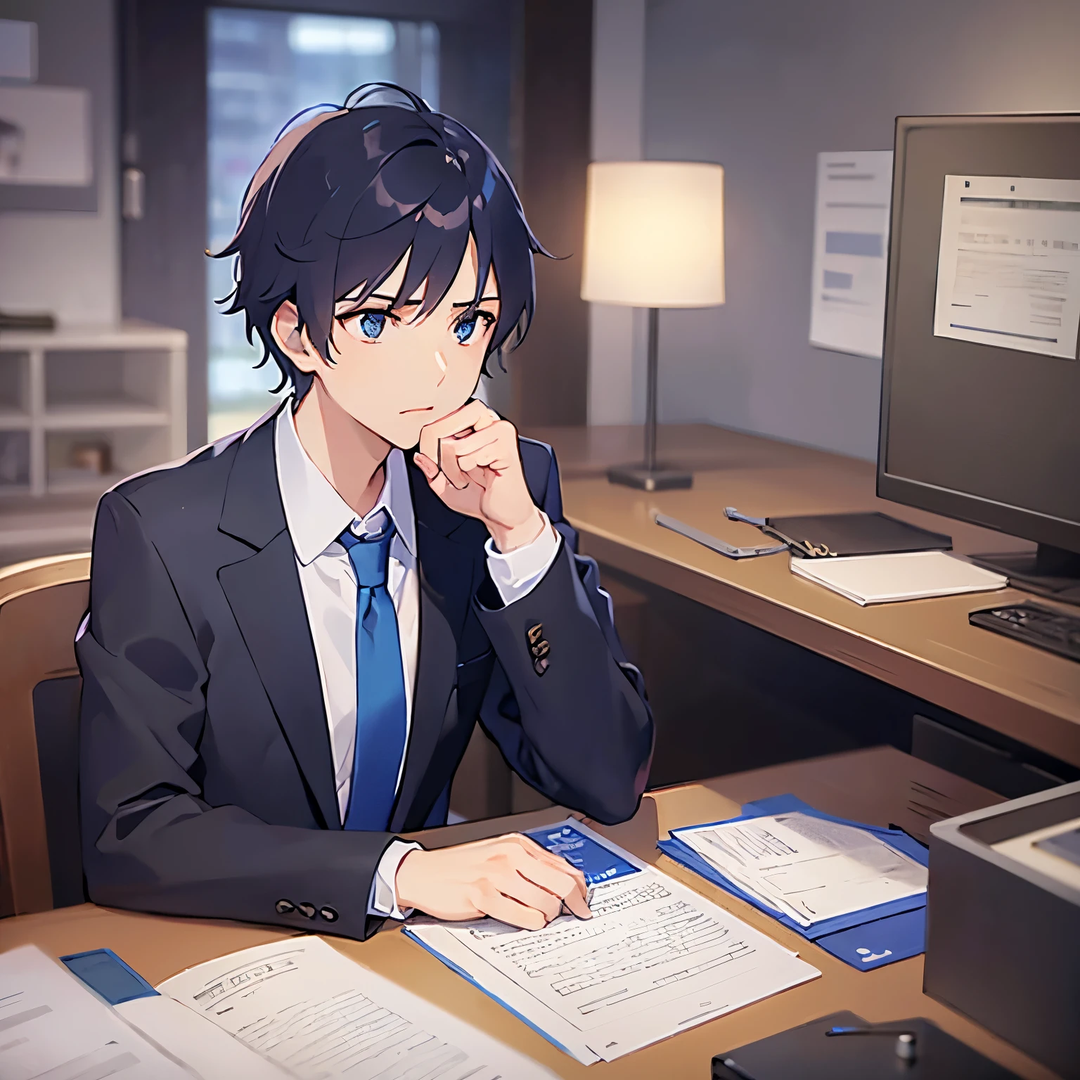 (looking away:1.5),upper body、
shiny skin, masterpiece、Highest quality、(25-year-old male:1.5) and (Black short hair) and (blue eyes)
(Wearing a suit:1.5) and (Blue tie)、
, Sitting、serious、The background is an office interior at night、Organizing papers、(Alone:1.5)