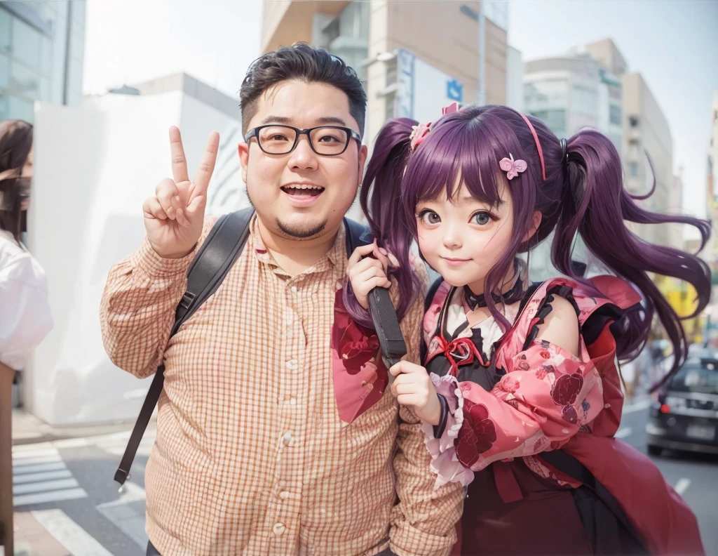 A very fat Japanese otaku and a girl in a jimine fashion style　Cross your arms　photograph　Akihabara