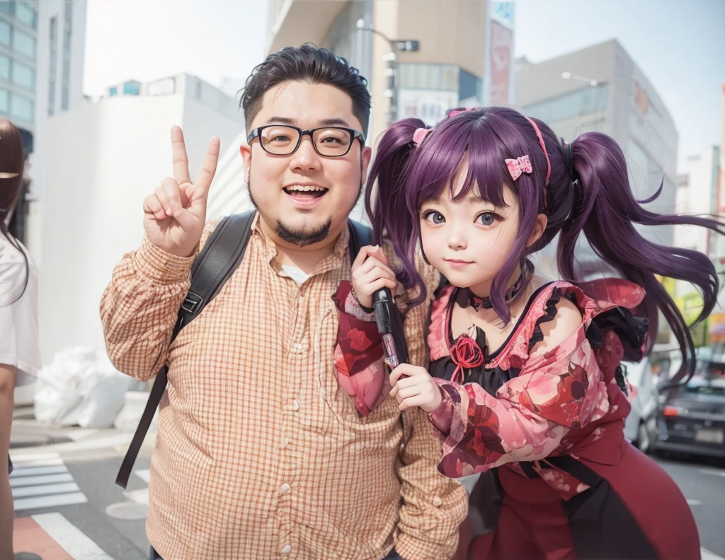 A very fat Japanese otaku and a girl in a jimine fashion style Cross your arms photograph Akihabara