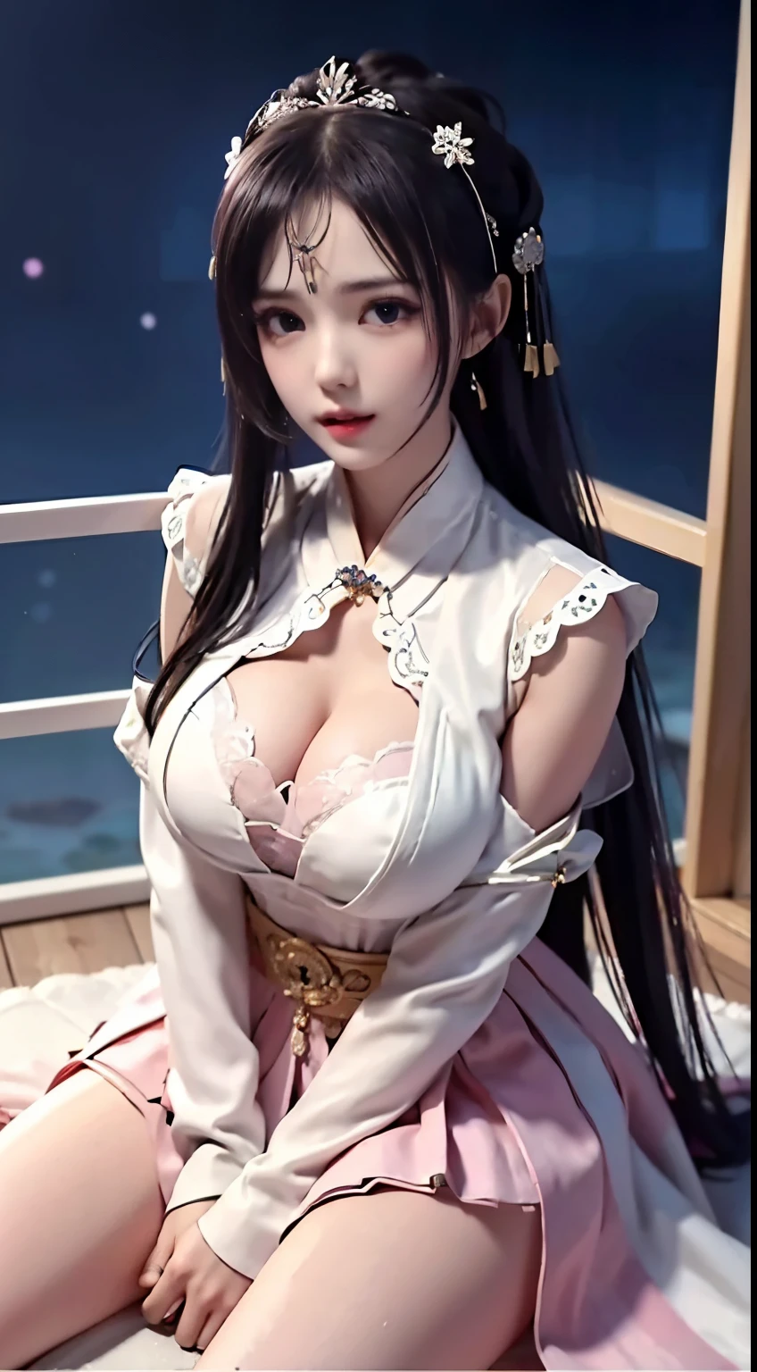 (8k, RAW photo:1.2), best quality, ultra high res,dramatic angle,(fluttered detailed color splashs), (illustration),(((1 girl))),(long hair),(rain:0.9), (Headdress:1.4),There is an ancient palace beside the girl,qipao dress,(Key Points),Color ink painting,(Splash of Color),Splash of Color,(((colorful))),(sketch:0.8) , Masterpiece, best quality, beautiful painted, highly detailed,(denoising:0.6),[splash ink],((ink refraction)), (beautiful detailed sky),moon,highly,detaild,(masterpiece, best quality, extremely detailed） CG Unity 8k Wallpaper，masterpiece，best quality，Ultra Detailed），（Lycoris）.shoulder ballet dress open V-chested clothes Thin silk lace dress short skirt , (huge ，cleavage),, white pink, blue ，best qualtiy，tmasterpiece，Ultra-high resolution，（Reality：1.4），RAW photogr，（True skin texture：1.3），（filmgrain：1.3），（Selfie angle），1个Giant Breast Girl，Beautiful eye and face details，tmasterpiece，Best quality at best，，The chest more exposed， detailed hair, bra pink , detail 8k, full body, lace petticoat, lying on bed
