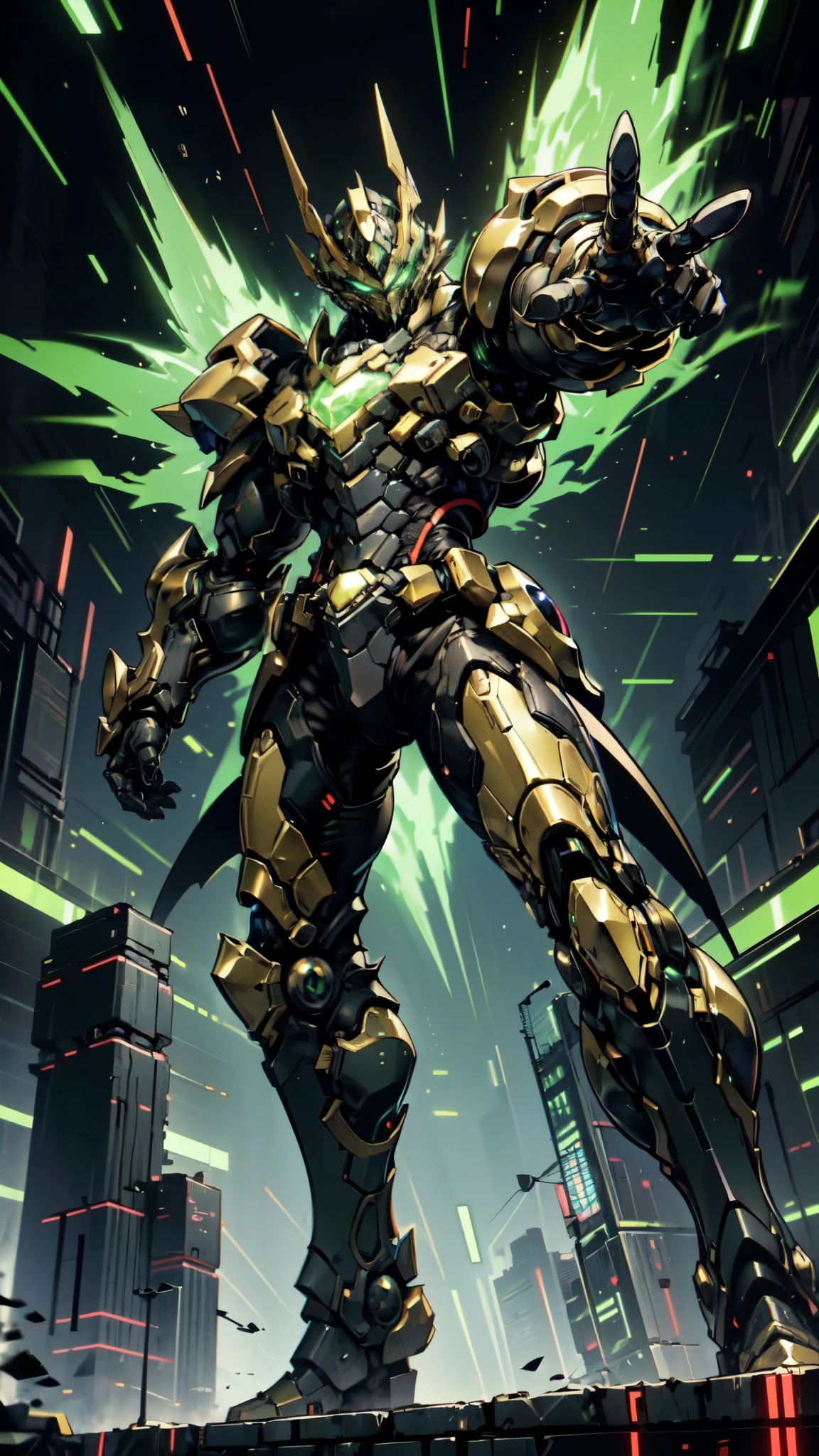 (masterpiece:1.5, best quality:1.5, extremely delicate:1.5, foreshortening:1.5, dynamic angle:1.5), a man wearing a full-face helmet, a fantasy-style biotech armored combat suit, green eyes, (a composite layered chest armor), fully enclosed shoulder guards, matching arm and leg guards, the belt is adorned with neon circuitry, (the color scheme is primarily black glow with green and red accents), the design balances heavy with agility, a high-tech bio-mecha armor, (Armor Concept Inspired by neon Cyberpunk, stand on the top of a skyscraper in a futuristic sci-fi city), this character embodies a finely crafted fantasy-surreal style armored hero in anime style, exquisite and mature manga art style, (element, plasma, energy, the armor glows), ((male:1.5)), metallic, high definition, highres, ultra-detailed, ultra-fine painting, professional, perfect body proportions, golden ratio, anatomically correct, symmetrical face, extremely detailed eyes and face, high quality eyes, creativity, RAW photo, UHD, 32k, Natural light, cinematic lighting, masterpiece-anatomy-perfect
