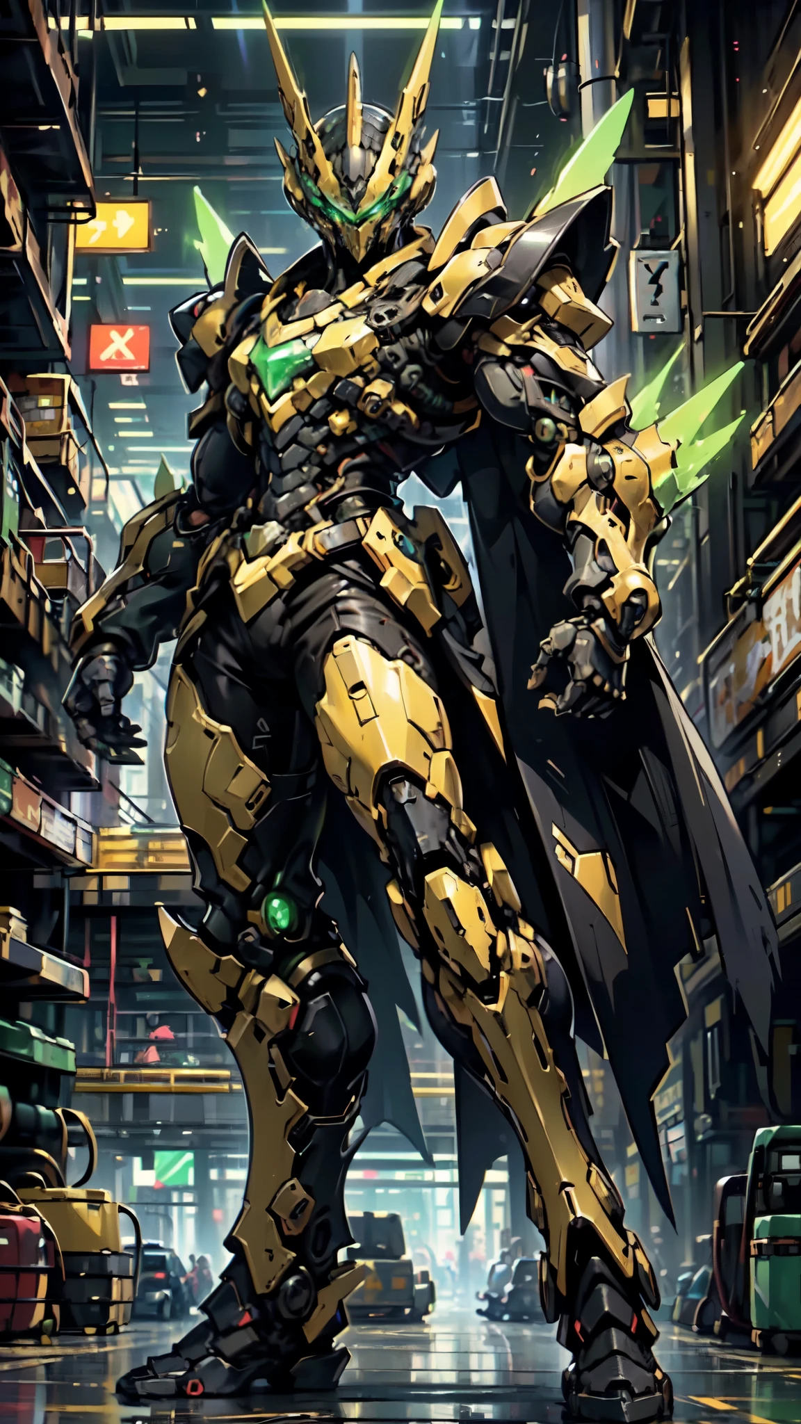 (masterpiece:1.5, best quality:1.5, extremely delicate:1.5, foreshortening:1.5, dynamic angle:1.5), a man wearing a full-face helmet, a fantasy-style biotech armored combat suit, green eyes, (a composite layered chest armor), fully enclosed shoulder guards, matching arm and leg guards, the belt is adorned with neon circuitry, (the color scheme is primarily black glow with green and red accents), the design balances heavy with agility, a high-tech bio-mecha armor, (Armor Concept Inspired by neon Cyberpunk, stand on the top of a skyscraper in a futuristic sci-fi city), this character embodies a finely crafted fantasy-surreal style armored hero in anime style, exquisite and mature manga art style, (element, plasma, energy, the armor glows), ((male:1.5)), metallic, high definition, highres, ultra-detailed, ultra-fine painting, professional, perfect body proportions, golden ratio, anatomically correct, symmetrical face, extremely detailed eyes and face, high quality eyes, creativity, RAW photo, UHD, 32k, Natural light, cinematic lighting, masterpiece-anatomy-perfect