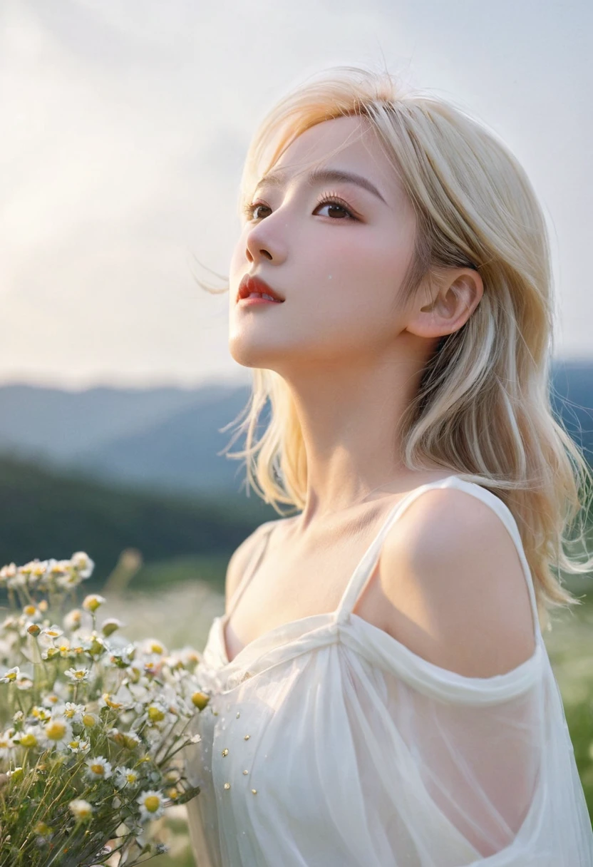 (best quality, masterpiece), 1 Girl, posture, particle, wind, flower, Upper Body, Simple background, Looking at the audience, Blonde, Milky Way, Aesthetic