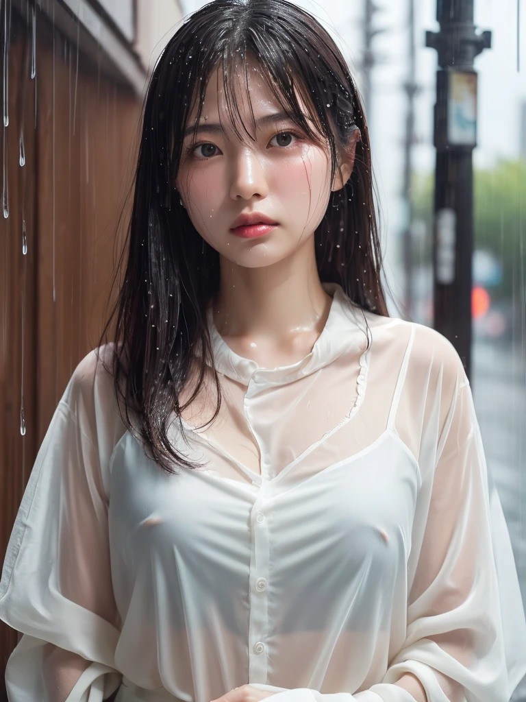 Tabletop,(One Japanese person looking to the side:1.3),masterpiece,(Wet and transparent blouse 1.3),(Stock Emphasis:1.3)、Glamour、Natural light、 Attention to detail, Depth of written boundary, 135mm, Textured skin, Super detailed, high quality, Awards, 最high quality, High resolution, 8K, White skin,30 years old、(Sweaty body:1.5),(Damp hair:1.2),(Drops of sweat:1.2),(Rainy Street:1.2),(heavy rain:1.3),(Wet chest)