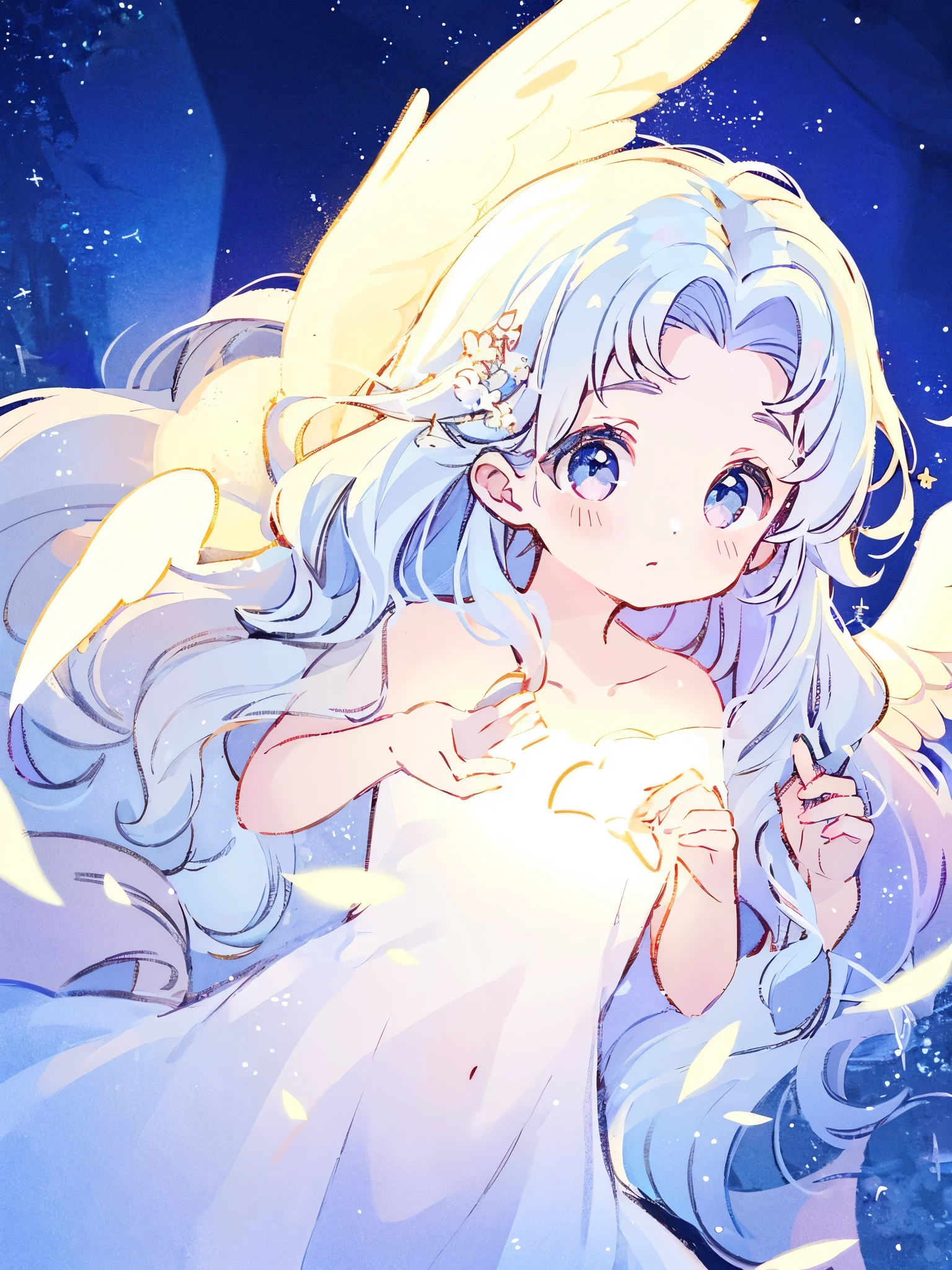 nude angel girl wearing an ethereal translucent dress, pale skin, ((blue mint wavy hair)), white feathers, angel wings, sparkling detailed eyes, golden ratio face, perfect composition, highly detailed, ethereal, (starry night sky background), midjourney style