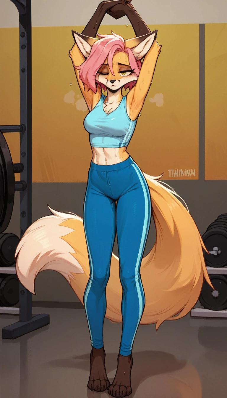 Half-closed eyes, tired expression, 1girl, anthro, furry, fur, fluffy fur, fox girl, thight sport pants, blue pants, gym background, pink hair, yellow eyes, blue sleeveless shirt, sport shirt, short hair, full body, (19 years), medium breast, solo, (gym), one closed eye, sweating, vapor, heat, detailed, (tired), thighs, stretching, standing, (arms up, streaching arms), score_9, score_8_up, score_7_up, score_6_up, score_5_up, score_4_up