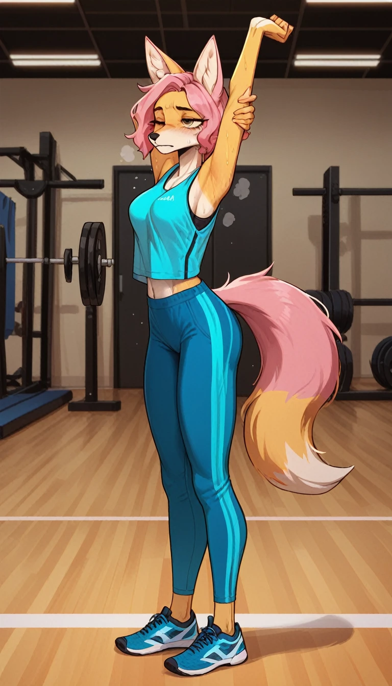 Half-closed eyes, tired expression, 1girl, anthro, furry, fur, fluffy fur, fox girl, thight sport pants, blue pants, gym background, pink hair, yellow eyes, blue sleeveless shirt, sport shirt, short hair, full body, (19 years), medium breast, solo, (gym), one closed eye, sweating, vapor, heat, detailed, (tired), thighs, stretching, standing, (arms up, streaching arms), score_9, score_8_up, score_7_up, score_6_up, score_5_up, score_4_up