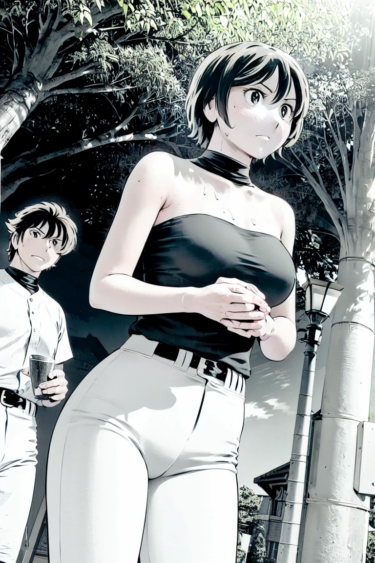 (Baseball uniforms:1.2),
blonde, (short hair:1.2),White trousers、Black belt、((Illustration of people))、Tube top bra、
View your viewers,, (Highest quality:1.3), White pants、Outdoor、baseball ground、ground、soil、blue eyeasterpiece、Highest quality)、Highest quality, Ultra-high resolution, (((masterpiece))), alone, Sweat、Big eyes、Large breasts、Torn clothes、 Fully exposed、Nipples、One Girl, Front view、Embarrassed face、Bronze colored hair、((short hair))、Stand up straight、Cowboy Shot