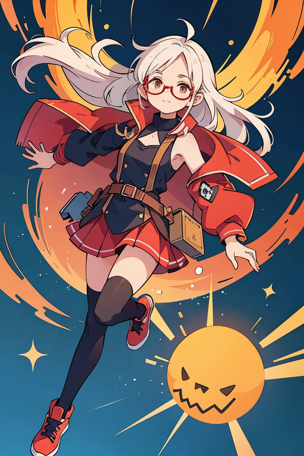 To create an anime style illustration of a girl with white hair, full body beauty, black rimmed glasses, red uniform, and engineer motif. She should have striking red hair that evokes intelligence and creativity, and elven features such as pointed ears. Her clothing should be quite revealing, yet with a sleeveless fitted jacket with a deep neckline, a short skirt, and stockings that are probably thigh-high. Illustrations should show her full body in a gravity-defying pose to convey confidence and competence. To emphasize the theme, elements such as tool belts and engineering equipment should be included. Her facial expressions are friendly and approachable, inviting visitors to the site. The design should balance professionalism with an attractive aesthetic and reflect a confident and powerful portrayal,