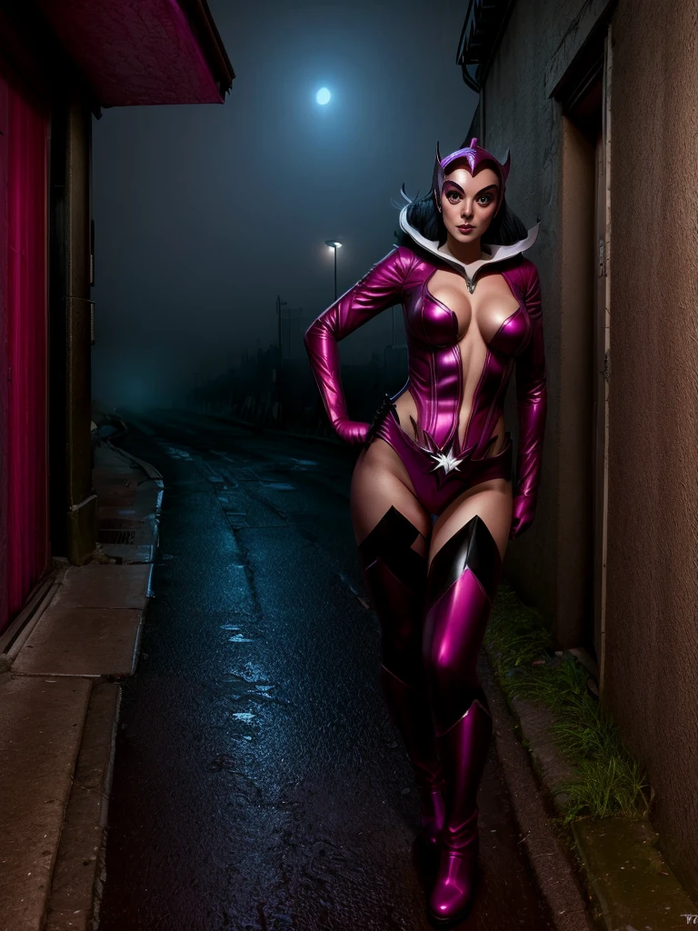 Dominatrix cyber Batwoman wearing a skin-tight uniform stsapph2024 in a dark and sinister narrow alley under a dim street light, (cyberpunk style), Evangelion style, mecha, (sensual pose with her hands on her waist), (rainy night with fog), Batgirl, bodysuit, toned body, wide hips, Allan Moore, DC Comics, gothic setting, Gottam City, photorealistic, 8k, realistic shadows