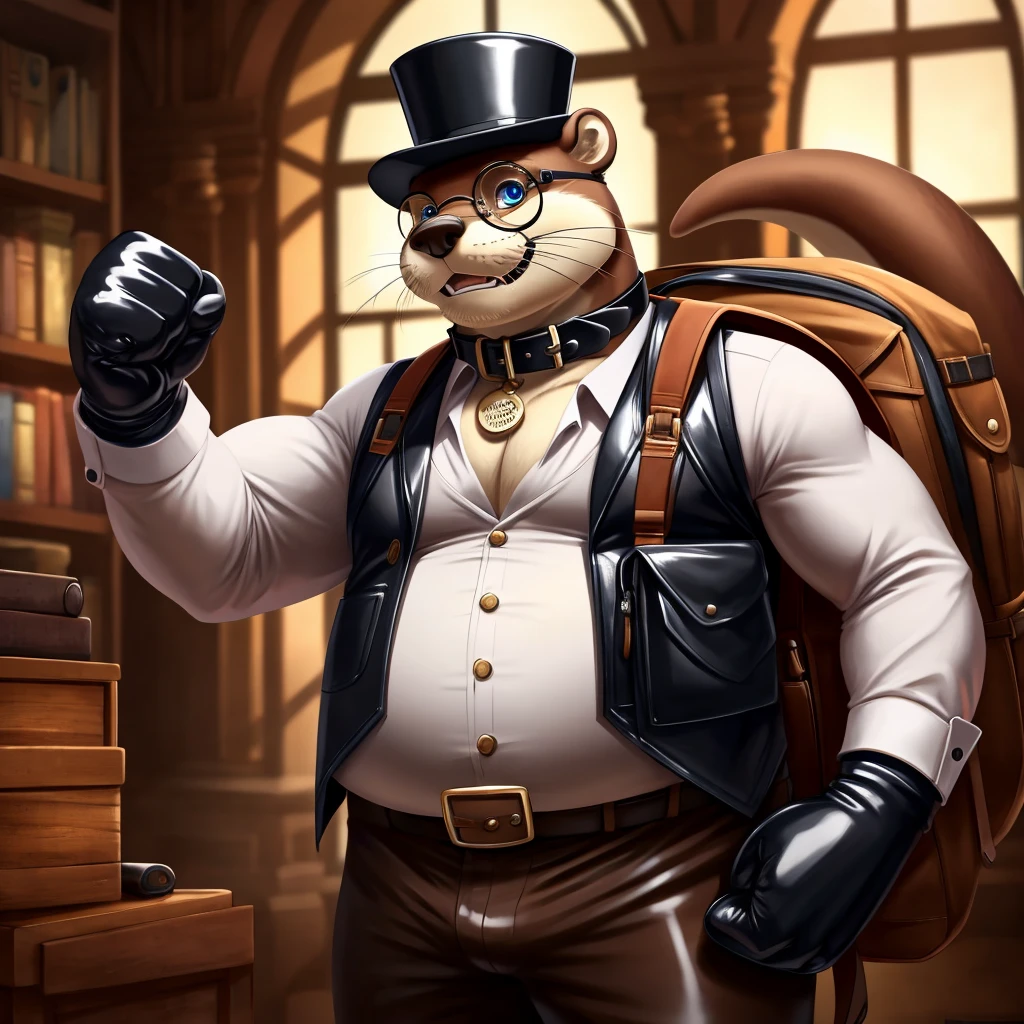 Solo, Male, fat, extremely obese, gentleman, dapper Professor Otter, blue eyes, (posing:1.3), (soft shading), 4k, hi res, ((detailed face, detailed)), looking at viewer, mouth wide open, steampunk, collared shirt with buttons, top hat, male focus, Explorer Outfit, glasses, monocle, bag, vest with buttons, backpack, sleeves rolled up, round eyewear, brown headwear, brown vest, Otter is wearing a glossy leather dog collar around the neck, Otter is wearing the leather collar and shirt and vest at the same time, Otter is wearing glossy white rubber gloves on the hands, wearing white rubber gloves on the feet, gloves are rubber in texture, clenching teeth, clenching fists, leather collar is glossy and shiny with a lot of detail, Otter is wearing gloves and leather collar at the same time, leather collar has a round dog-tag, leather collar is thick and detailed.