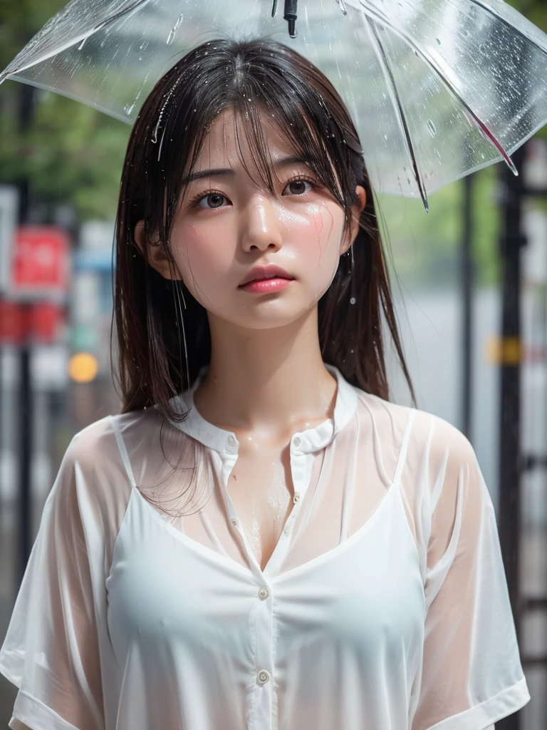 Tabletop,(One Japanese person looking to the side:1.3),masterpiece,(Wet blouse 1.3),(Stock Emphasis:1.3)、Glamour、Natural light、 Attention to detail, Depth of written boundary, 135mm, Textured skin, Super detailed, high quality, Awards, 最high quality, High resolution, 8K, White skin,30 years old、(Sweaty body:1.5),(Damp hair:1.2),(Drops of sweat:1.2),(Rainy Street:1.2),(heavy rain:1.3),(Wet chest)