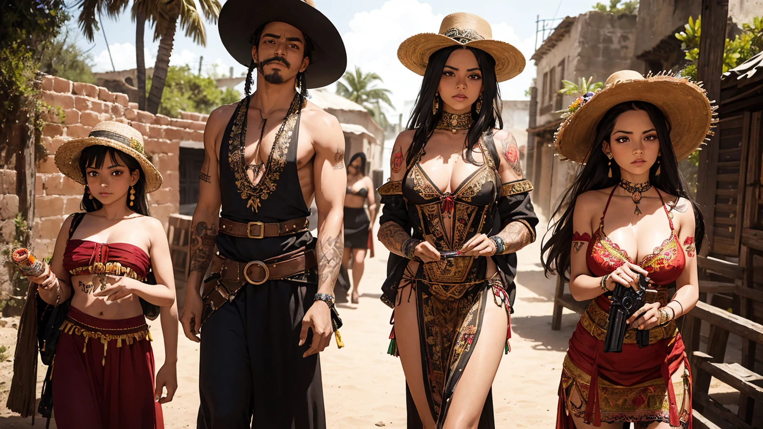 mexican senorita outlaw. vintage tattooed female bandito wearing skimpy sexy traditional dress. ammunition belts crisscrossed across naked chest. wearing sombrero and La Catrina dress. standing in old mexican clay village. outlaw woman with gun. La Carambada. vintage photo.
