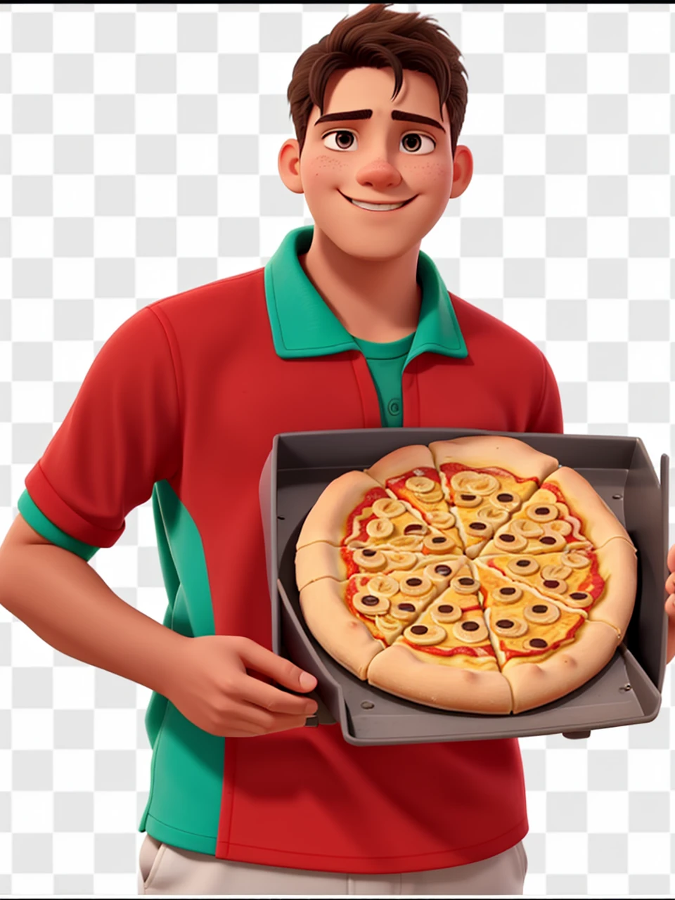 In this young pizza maker I want him to have a salesman&#39;s smile