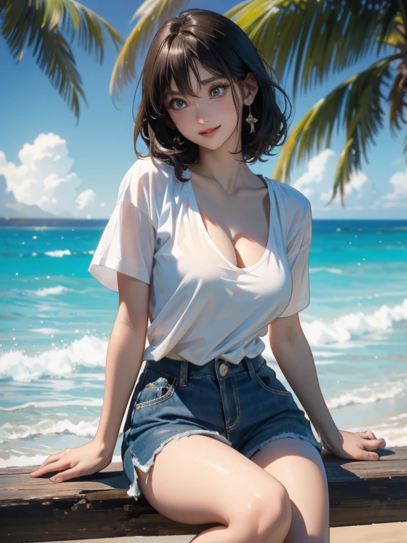 (Highest quality、masterpiece、High resolution、8K)、Vibrant colors、Young and beautiful woman 1、whole body、Brown and black short bob、barefoot、(Detailed face、Beautiful Eyes、Beautiful nose、Pretty lips)、Beautiful cleavage、A woman wearing a white T-shirt and shorts、Running on the beach、Surprised Smile、Official Art、The background is the sea、blue sky、White waves and wide sandy beach、Wide forest、White Entrance Cloud、