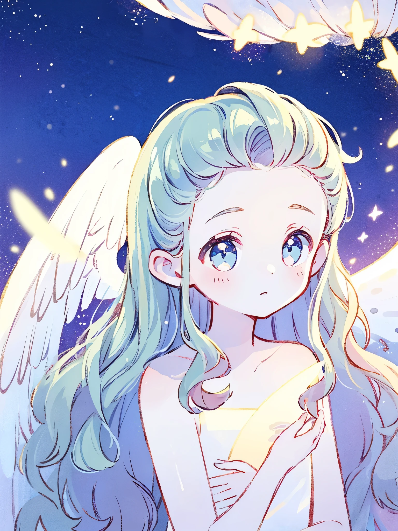 nude angel girl wearing an ethereal translucent dress, pale skin, ((blue mint wavy hair)), white feathers, angel wings, sparkling detailed eyes, golden ratio face, perfect composition, highly detailed, ethereal, (starry night sky background), midjourney style