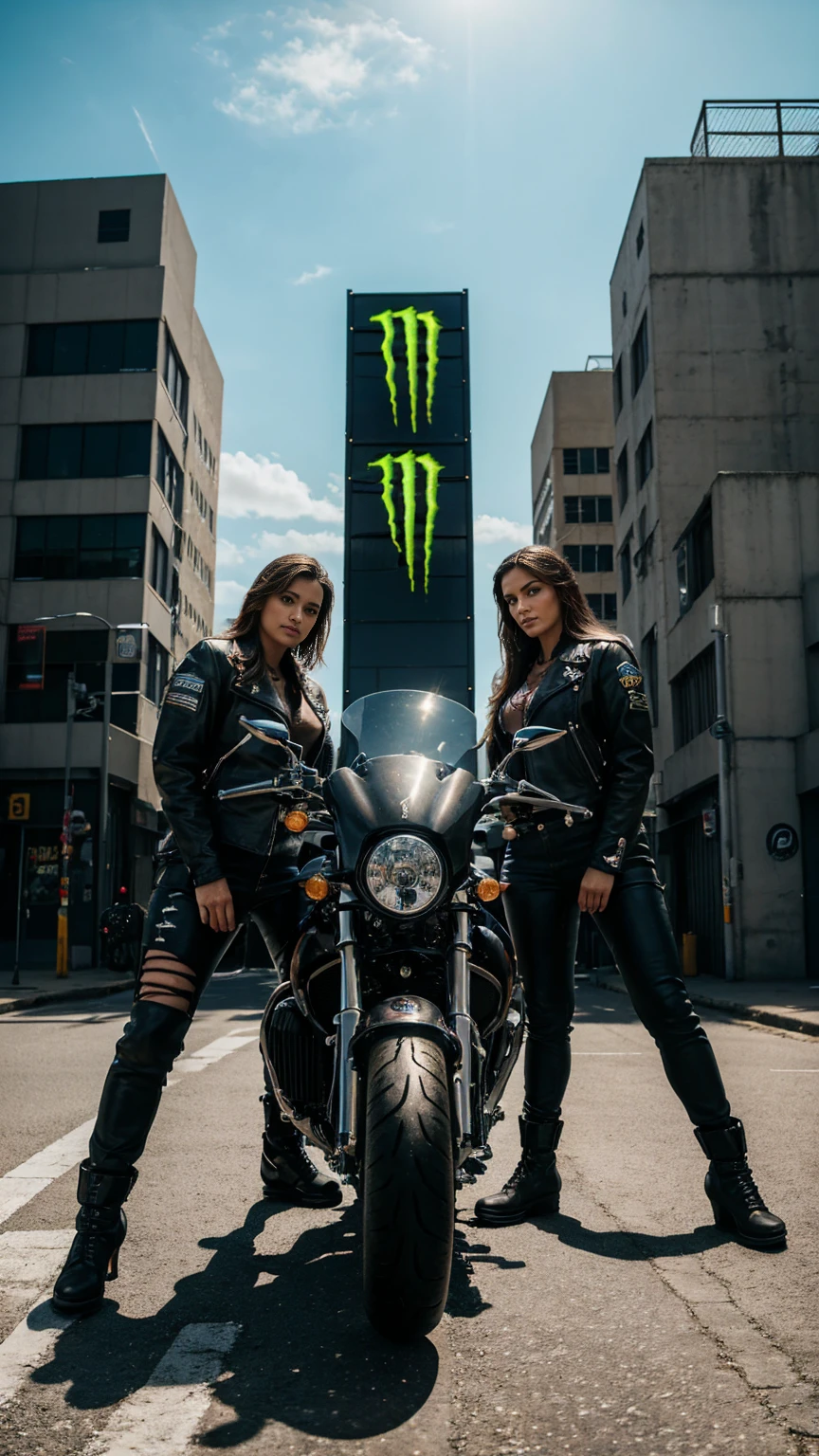 a motorcycle with two women standing next to it, monster energy sign in the background, photorealistic, 8k, highly detailed, vibrant colors, dynamic lighting, cinematic composition, edgy urban setting, street art aesthetic, gritty realism