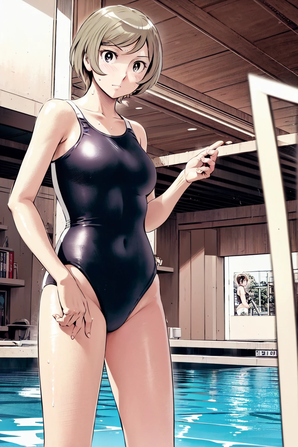 Blue school swimsuit、(masterpiece、Highest quality)、Highest quality, Ultra-high resolution, (((masterpiece))), alone, Sweat、Big eyes, Composition from the front、Shortcuts、Embarrassed face、blonde、Cut your hair short、School swimming pool、short hair、Pussy Line、Browsing Caution、Butt