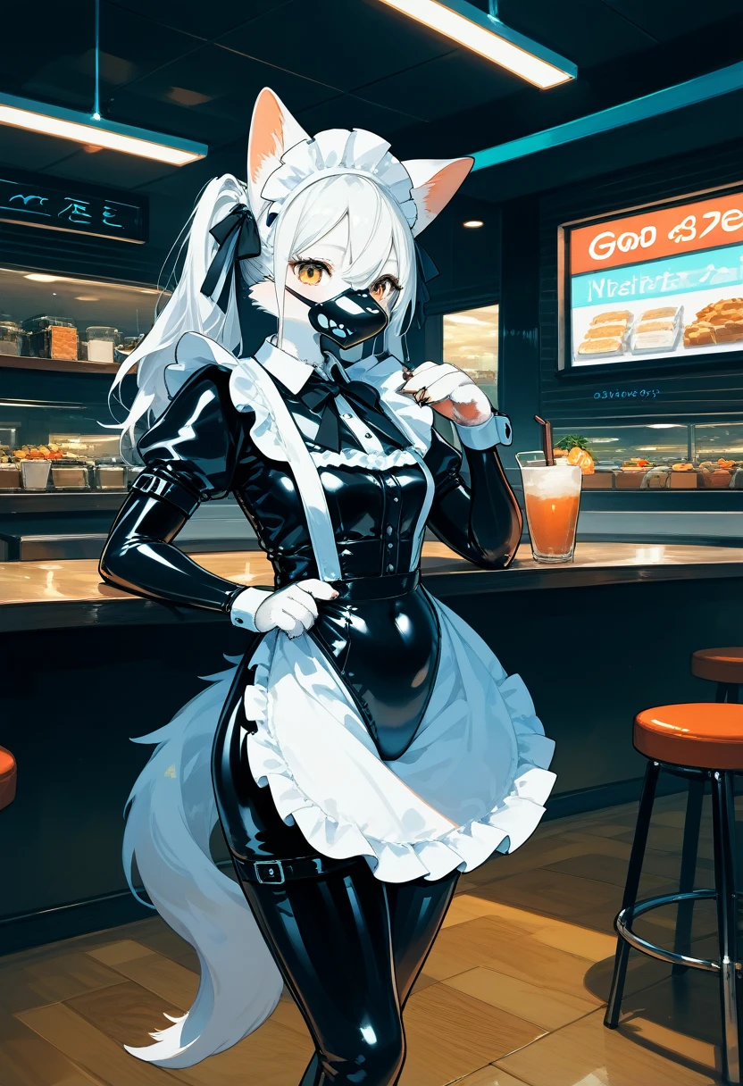 Highest quality, Highest quality, High quality illustrations, masterpiece, Ultra-high resolution, Detailed Background, Cafe, Absurd, Perfect Anatomy, performance, Good lighting, Shadows in the movies(kemono, Furry Personifi猫ion), White Skin, Rubber suit, Rubber suit, latex, neon, neonライト, neonカラー, Rubber maid outfit, ribbon, Rubber mask