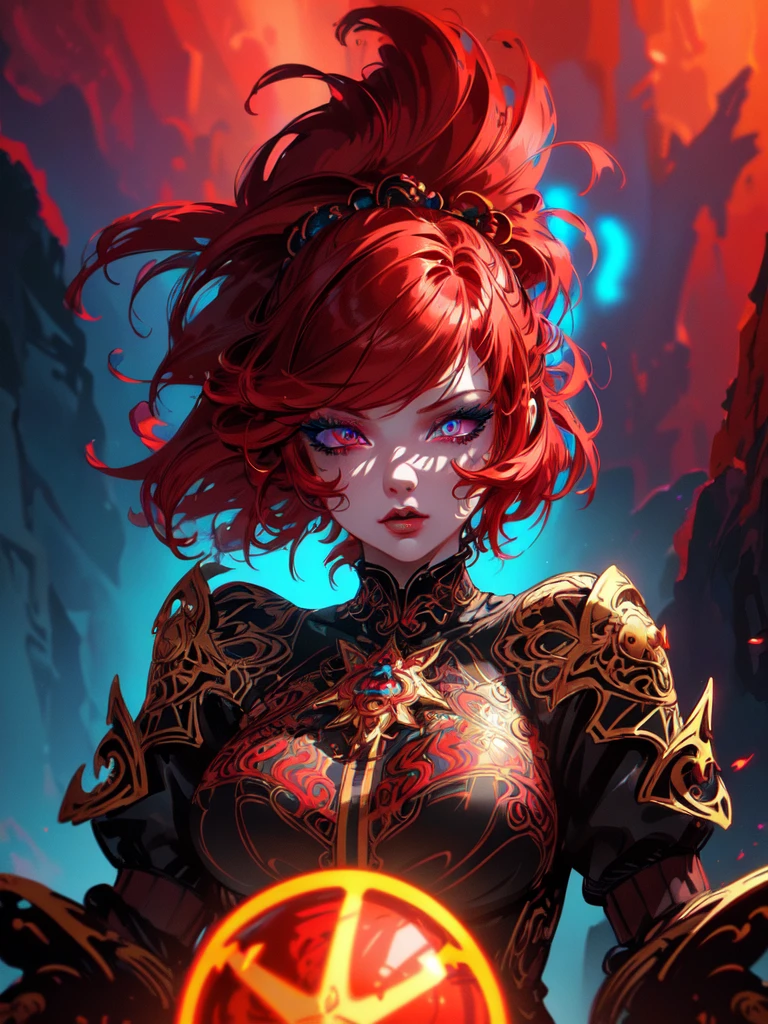 Red hair color,(masterpiece, best quality),(1 lady),(solo),(artstation),(dynamic),(charming),(magical),(unreal engine),(fantastically beautiful),(illustration),(dramatic lighting),(rave background),(neon glow),(maximalist),(extremely detailed eyes and face),(long eyelashes),(intricate details),(vibrant colors),(cinematic lighting),(fantasy portrait)